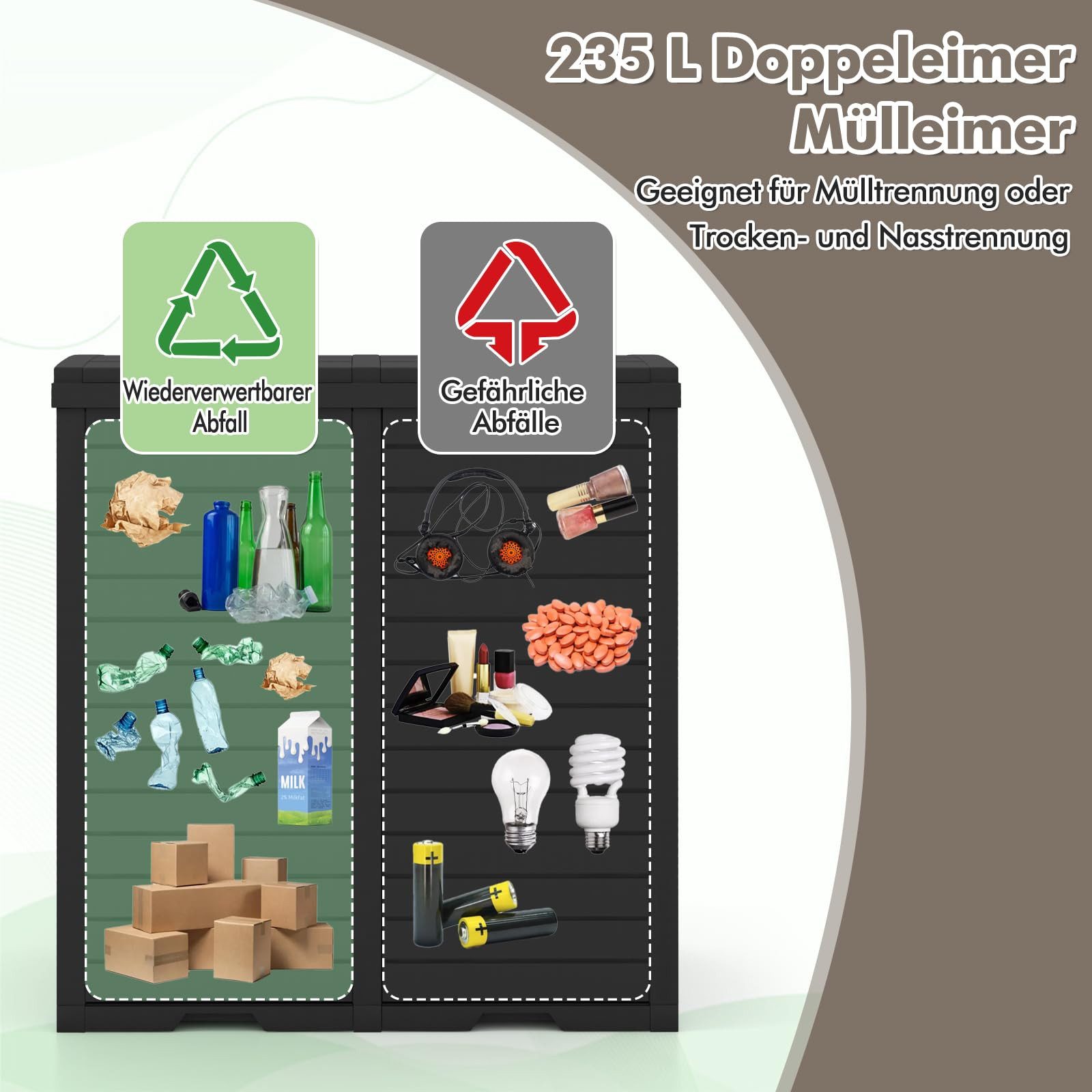 COSTWAY Mülltonnenbox, Mülleimer mit Doppeldeckel, 235 L, mit Auffangschale & Griff