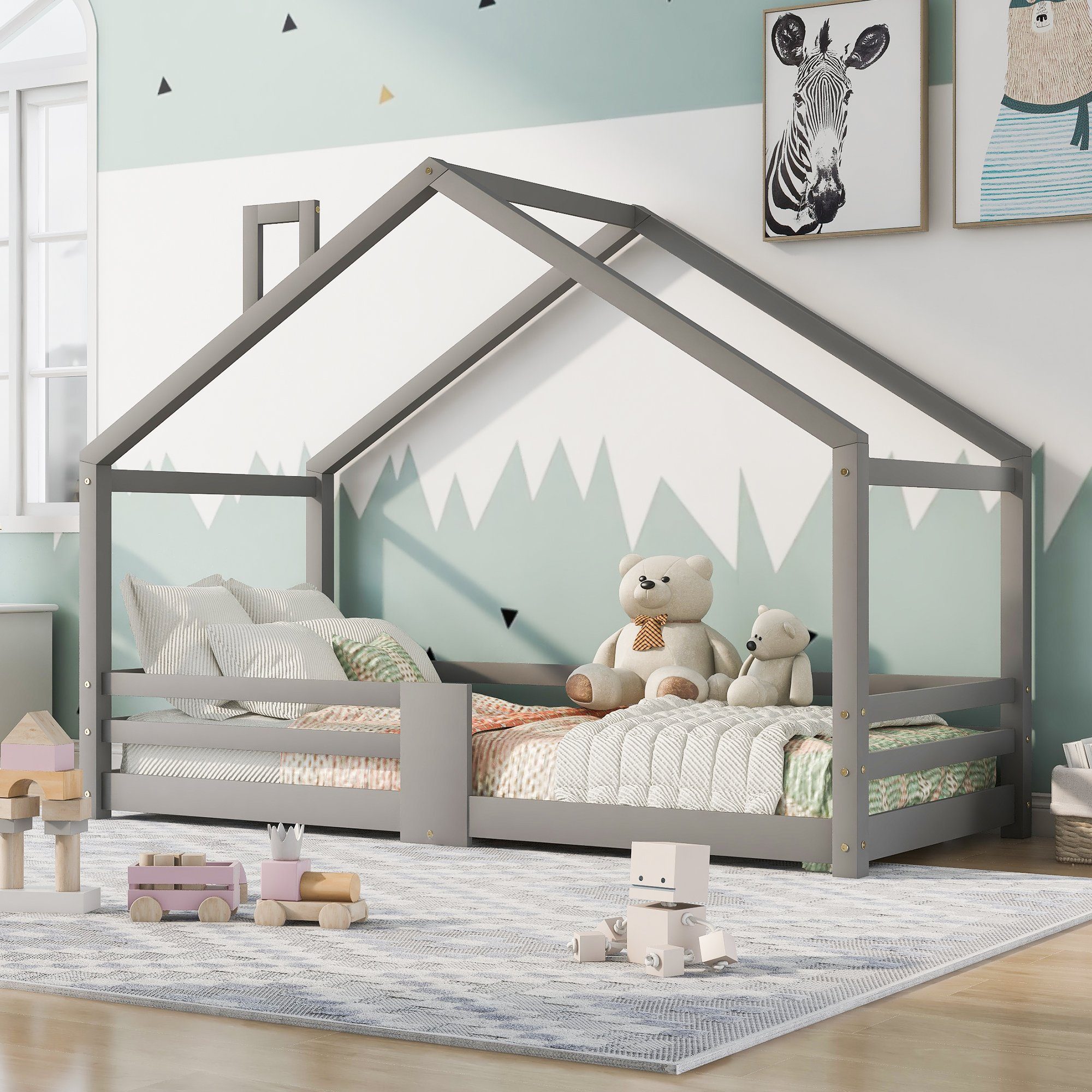 SOFTWEARY Kinderbett Hausbett mit Lattenrost, 90x200 cm, Holzbett aus  Kieferholz, Einzelbett mit Rausfallschutz und Zaun, Jugendbett