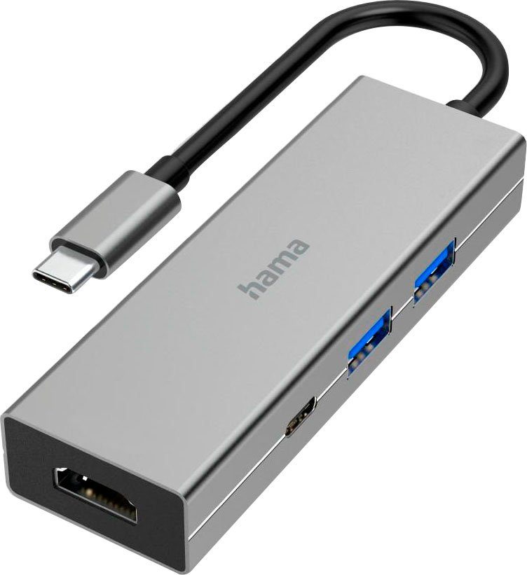 Hama USB-C Multiport Hub für Laptop mit 4 Ports, USB-A, USB-C, HDMI USB-Adapter USB-C zu HDMI, USB Typ A, USB-C, 15 cm, Laptop Dockingstation, kompakt, robustes Gehäuse, silberfarben