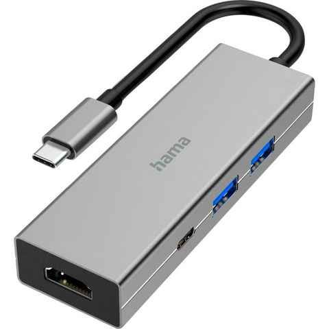 Hama USB-C Multiport Hub für Laptop mit 4 Ports, USB-A, USB-C, HDMI USB-Adapter USB-C zu HDMI, USB Typ A, USB-C, 15 cm, Laptop Dockingstation, kompakt, robustes Gehäuse, silberfarben