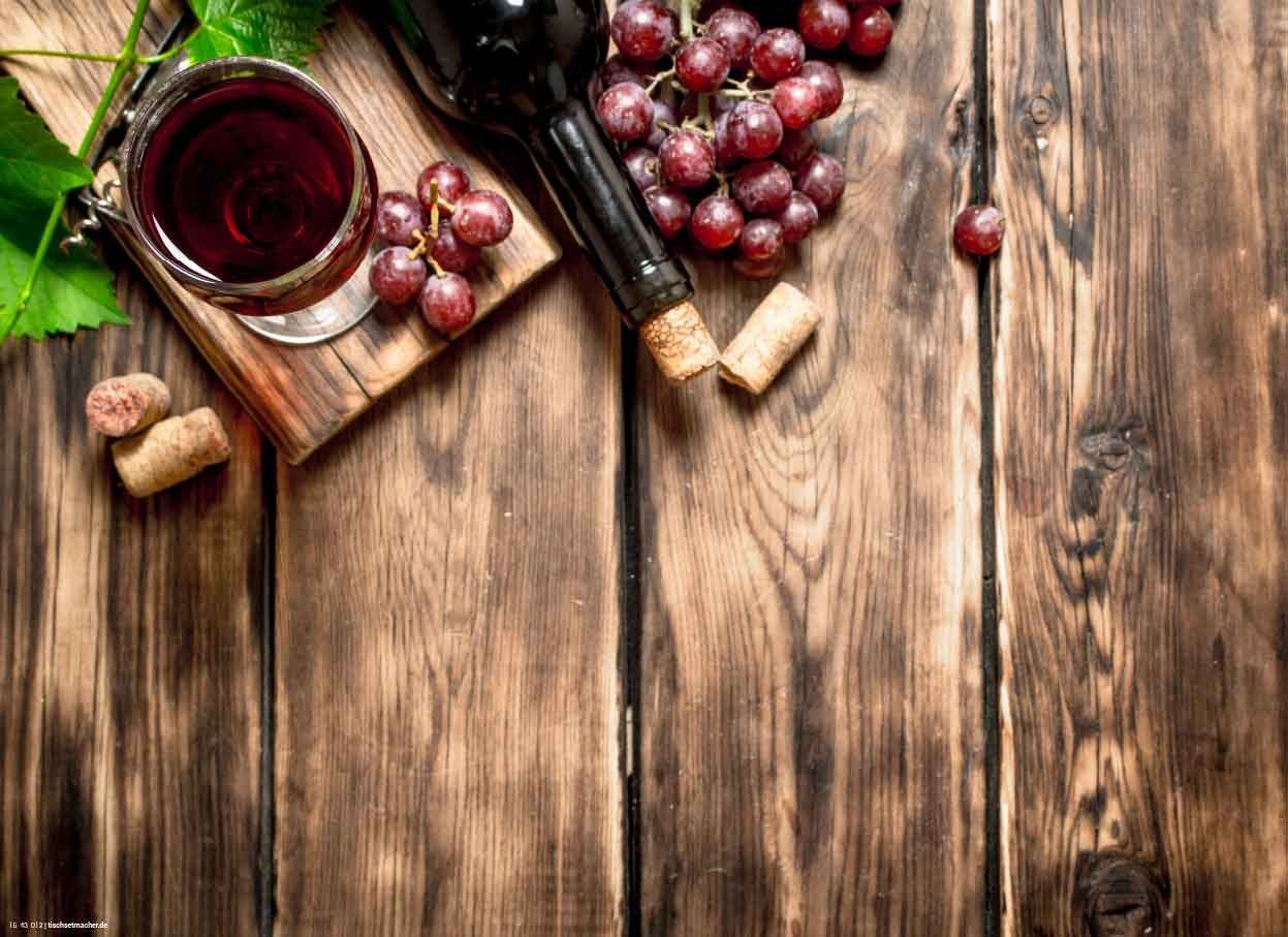 Platzset Tischsets I Platzsets - Holztisch mit Wein & Trauben - 12 Stück aus hochwertigem Papier 44 x 32 cm