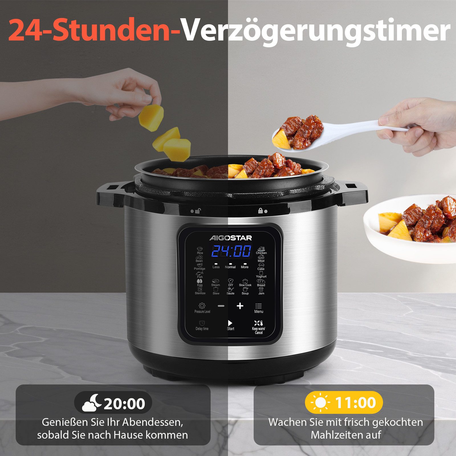 Aigostar Reiskocher 6L Schnellkochtopf, 18-in-1 Multikoche, Pressure Cooker, Rice Cooker, 1000 W, 24h Timer & Warmhalte, Antihaftbeschichtung, 10+ Sicherheitsme – Bild 4 von 5