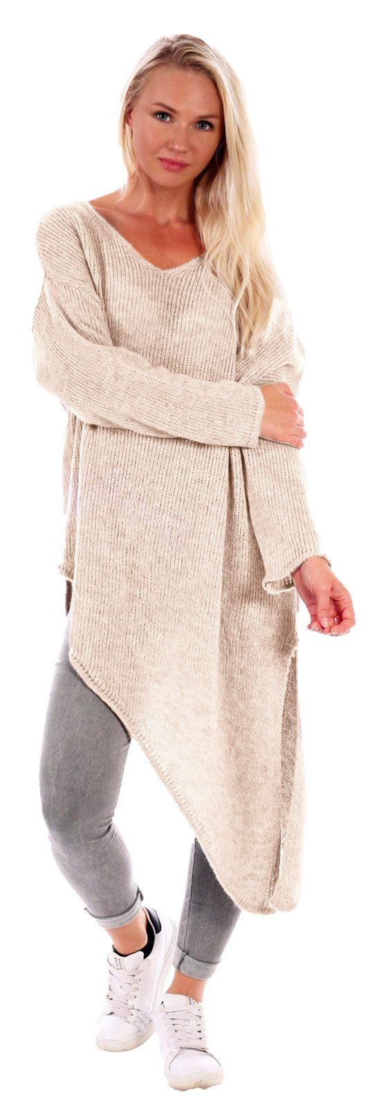 Longpullover Moda im Beige Schnitt asymmetrischen Langarm Charis Longpullover