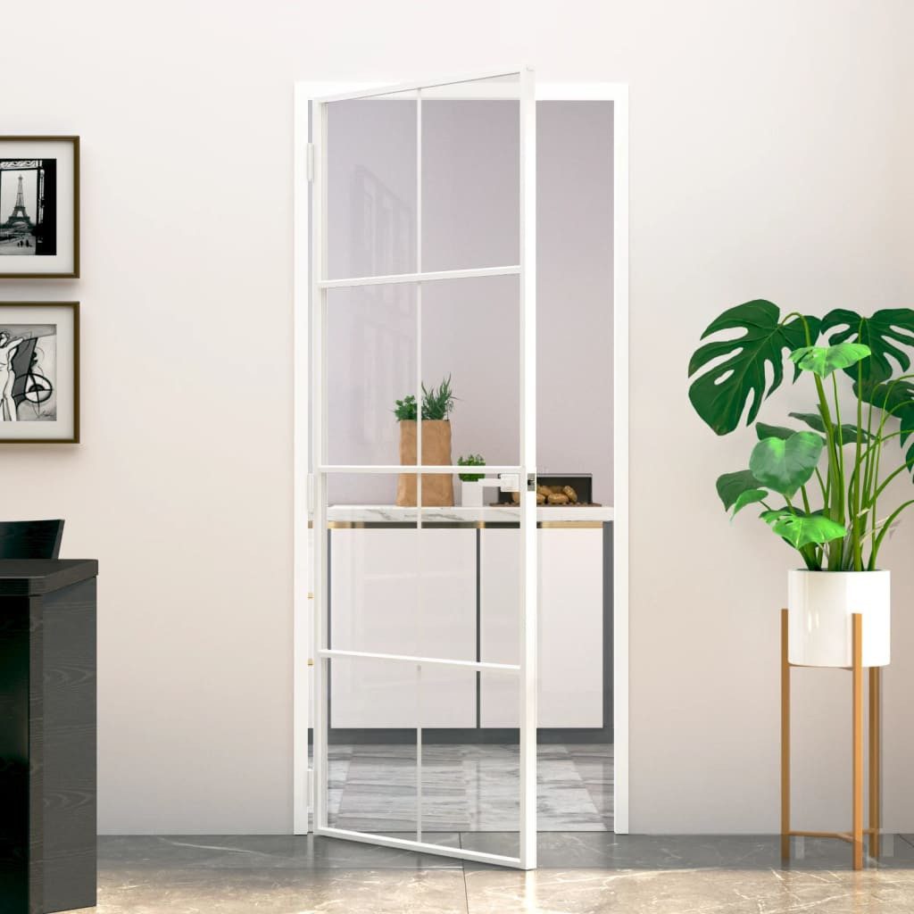 vidaXL Zimmertür 83 x 2015 cm Innentür Weiß 83x201,5 cm Hartglas Aluminium Schlank Zim