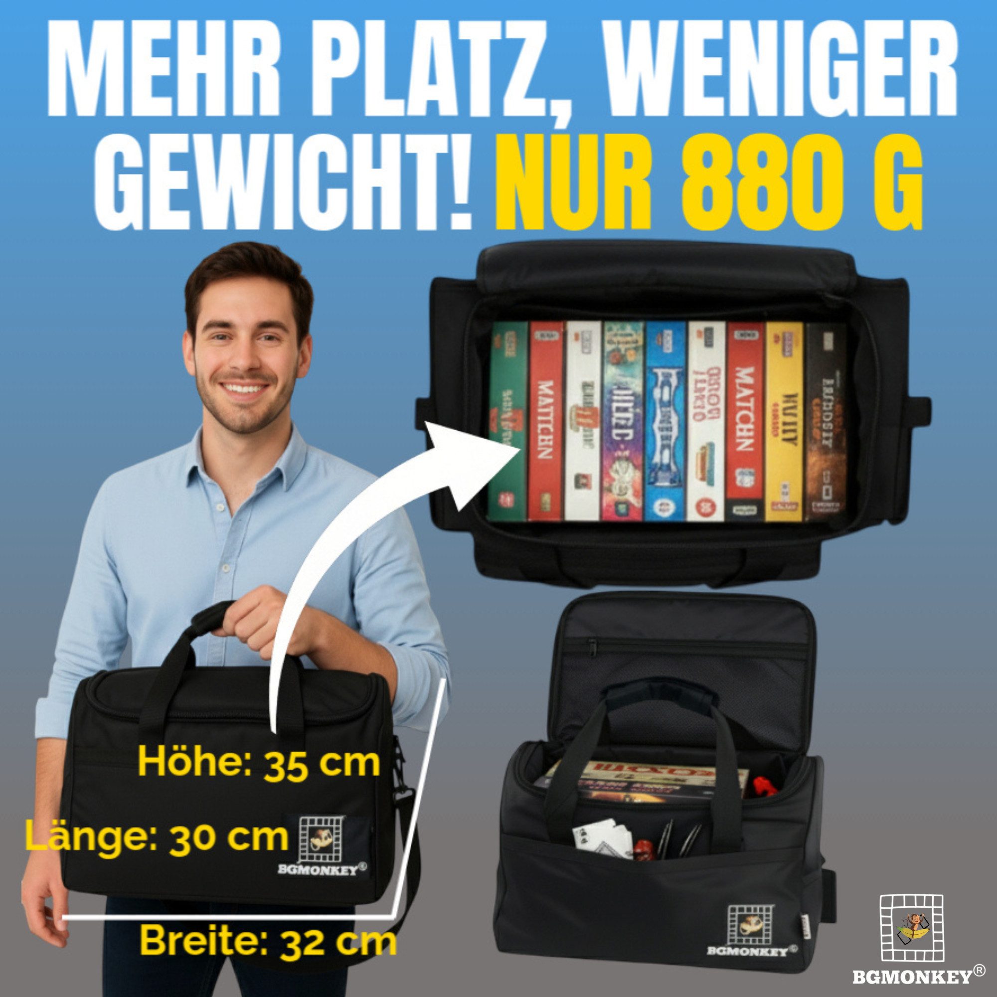 BGMONKEY Spiel für den sicheren Transport von Spielen - mit hoher Kapazität, Premium Brettspieltasche, Spieletasche- Tasche für Spiele, Reisetasche gepolstertem Innenraum und verstellbaren Fach