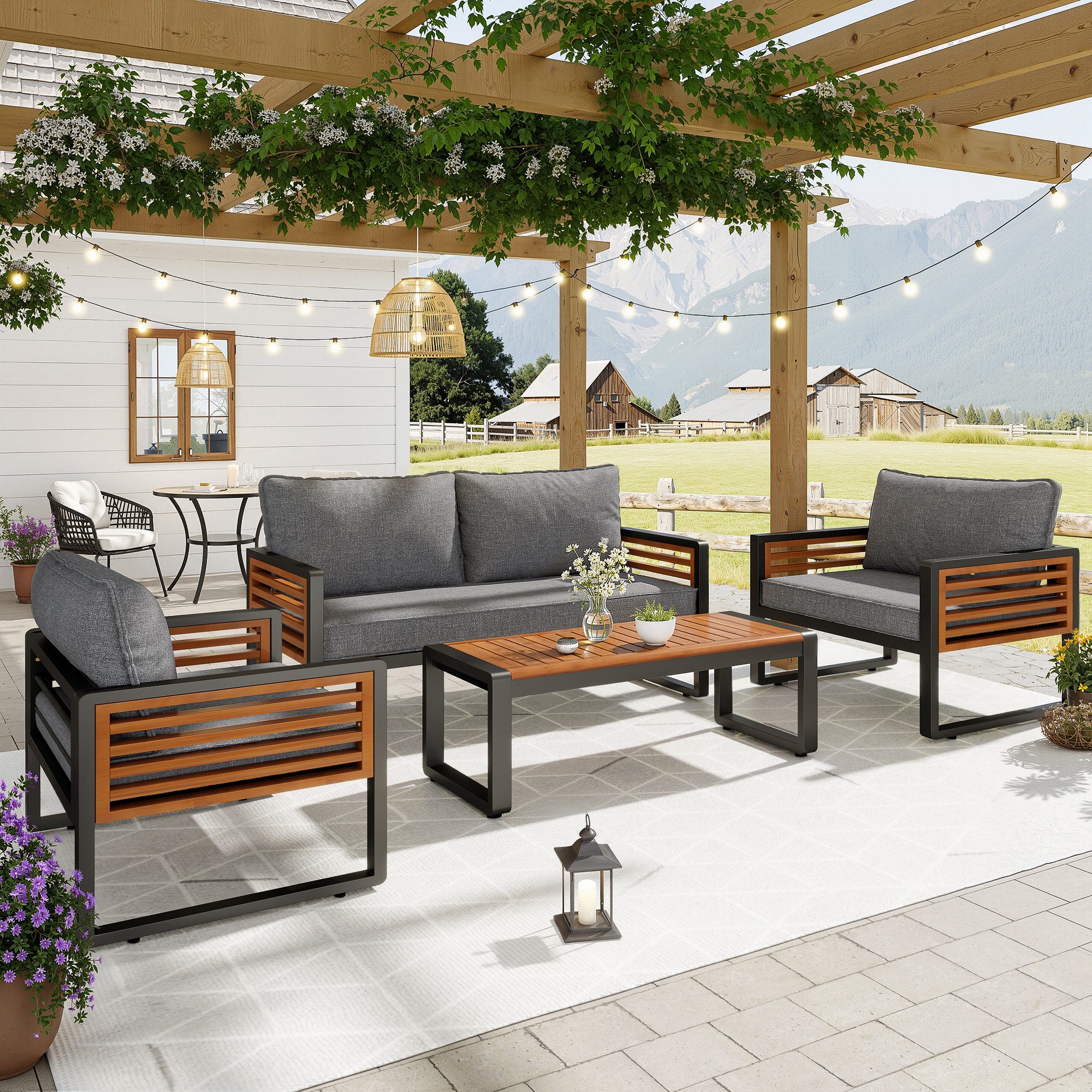 KLAM HOME Gartenlounge-Set Gartenmöbel-Set mit Akazienholz und verzinktem Eisengestell, (4er-Set, 1x 2-Sitzer-Sofa 2x Beistellstühle 1x Tisch), Lounge-Sessel für 2–4 Personen für Balkon Innenhof Schwimmbad
