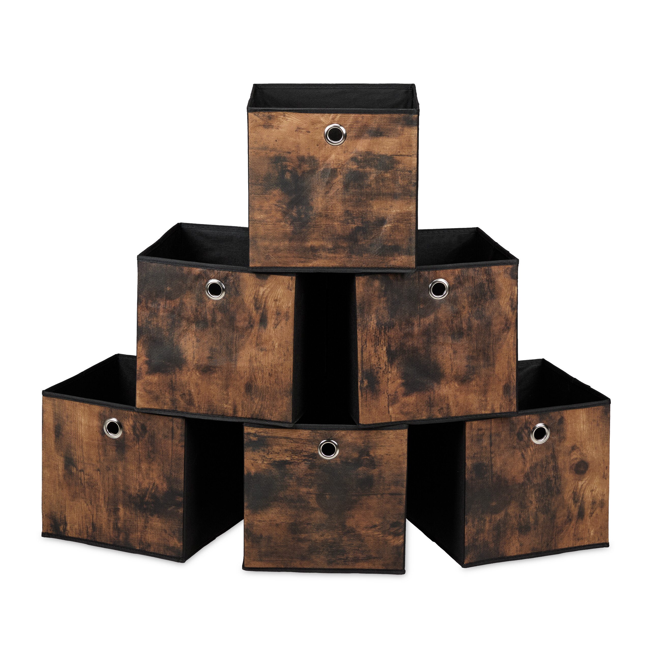 relaxdays Aufbewahrungsbox Stoff Aufbewahrungsbox Holzoptik 6er Set (6 St), M