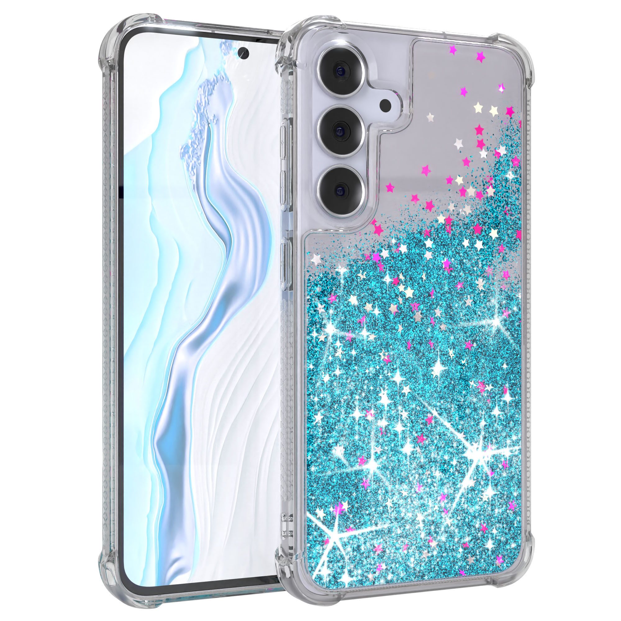 EAZY CASE Handyhülle Liquid Glittery Case für Samsung Galaxy S25 FE 6,7 Zoll, Gloss Slimcover Girly Backcover Bling Phone Case kratzfeste Cover Blau