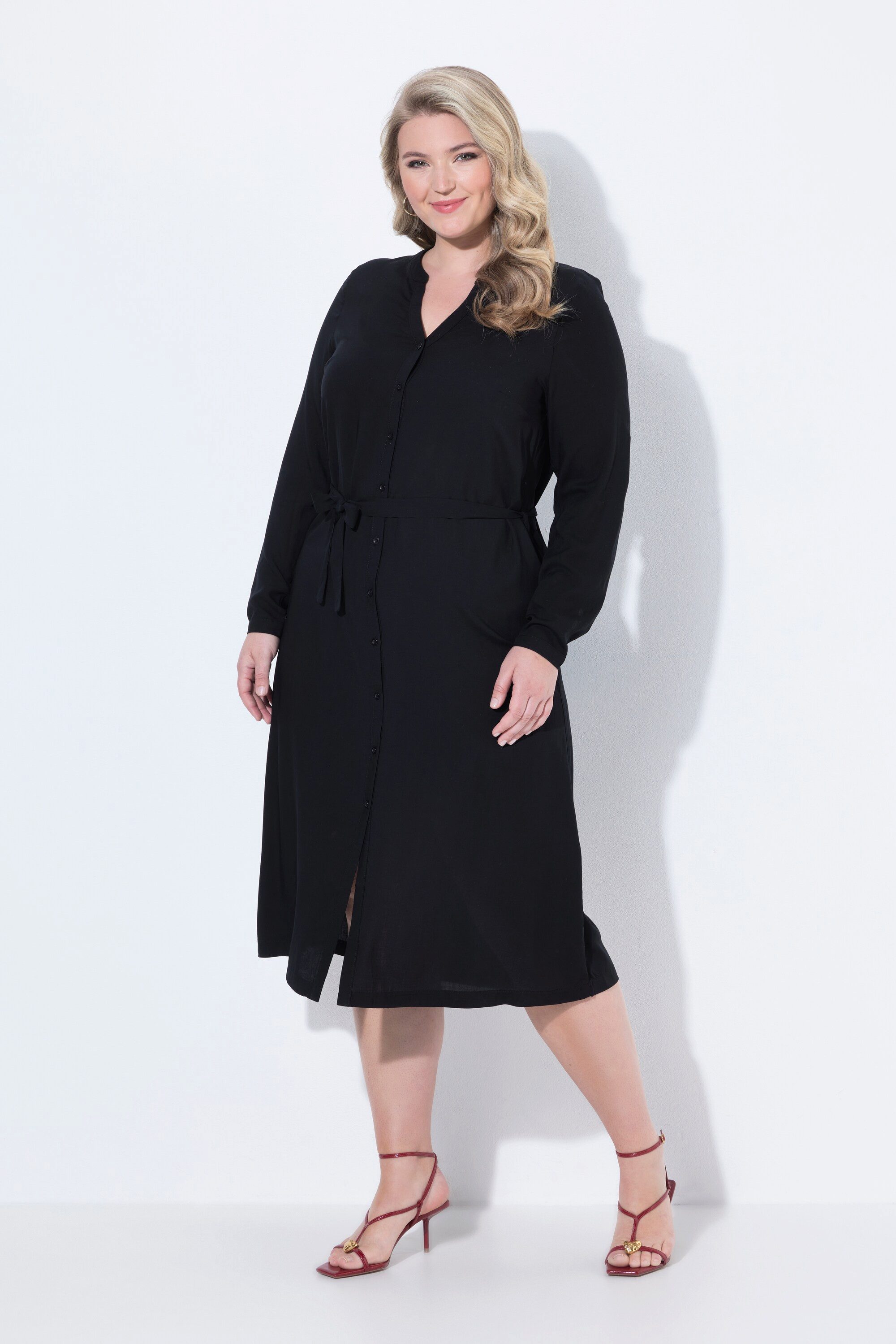 MIAMODA Jerseykleid Midikleid A-Linie Bindegürtel Knopfleiste Langarm