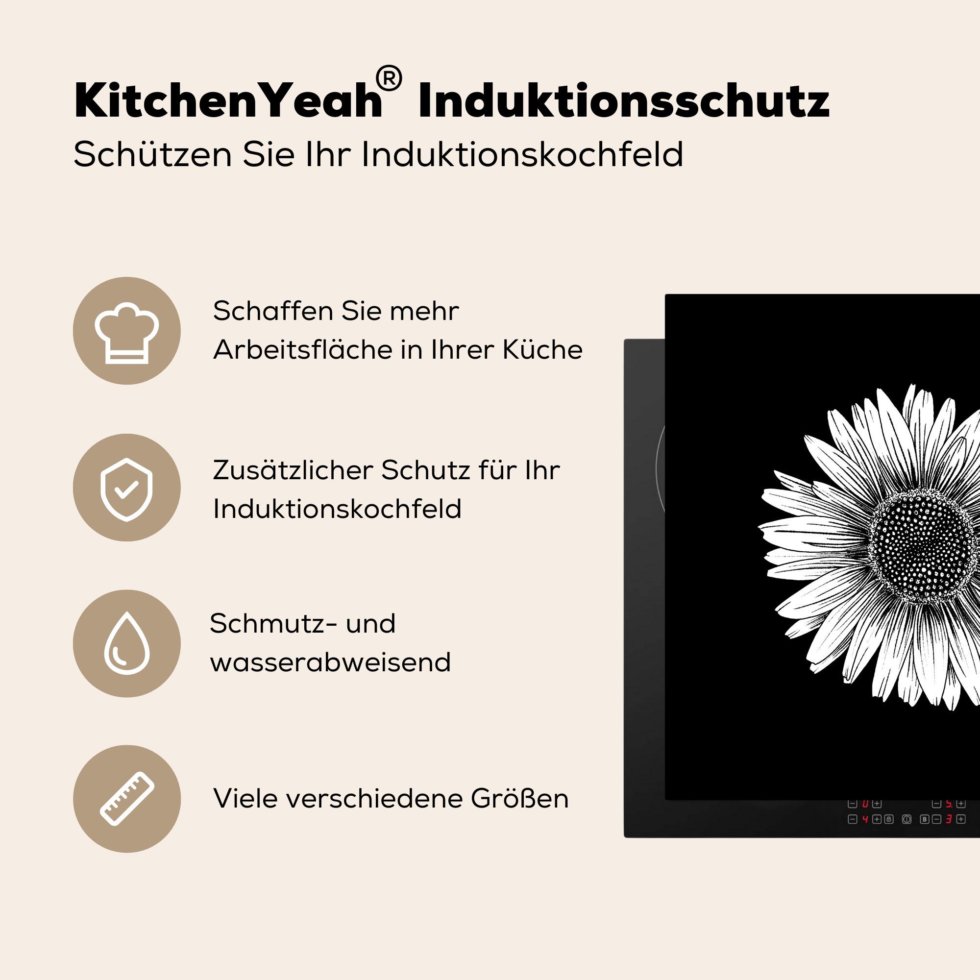 - - tlg), (1 78x78 Sonnenblume für Arbeitsplatte Blumenkraft, - cm, - MuchoWow Vinyl, Natur Blumen Ceranfeldabdeckung, küche Retro Herdblende-/Abdeckplatte