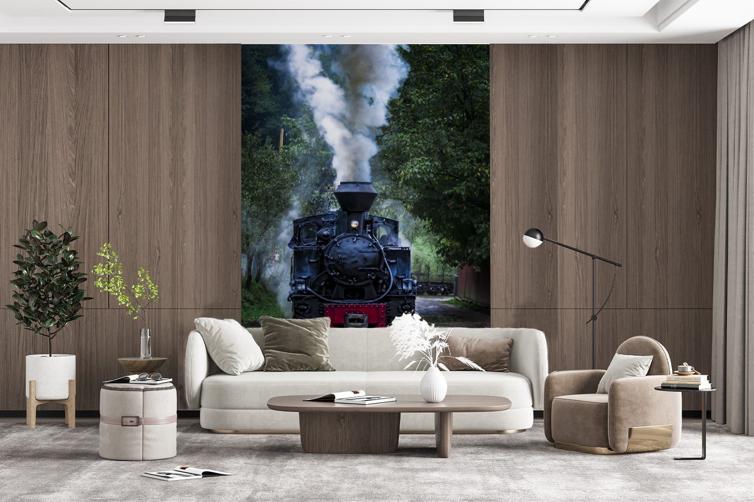 Tapete (3 Wandtapete Vinyl Eine Matt, St), grünen in Fototapete Wohnzimmer, Wäldern, den Montagefertig MuchoWow Dampflokomotive bedruckt, für