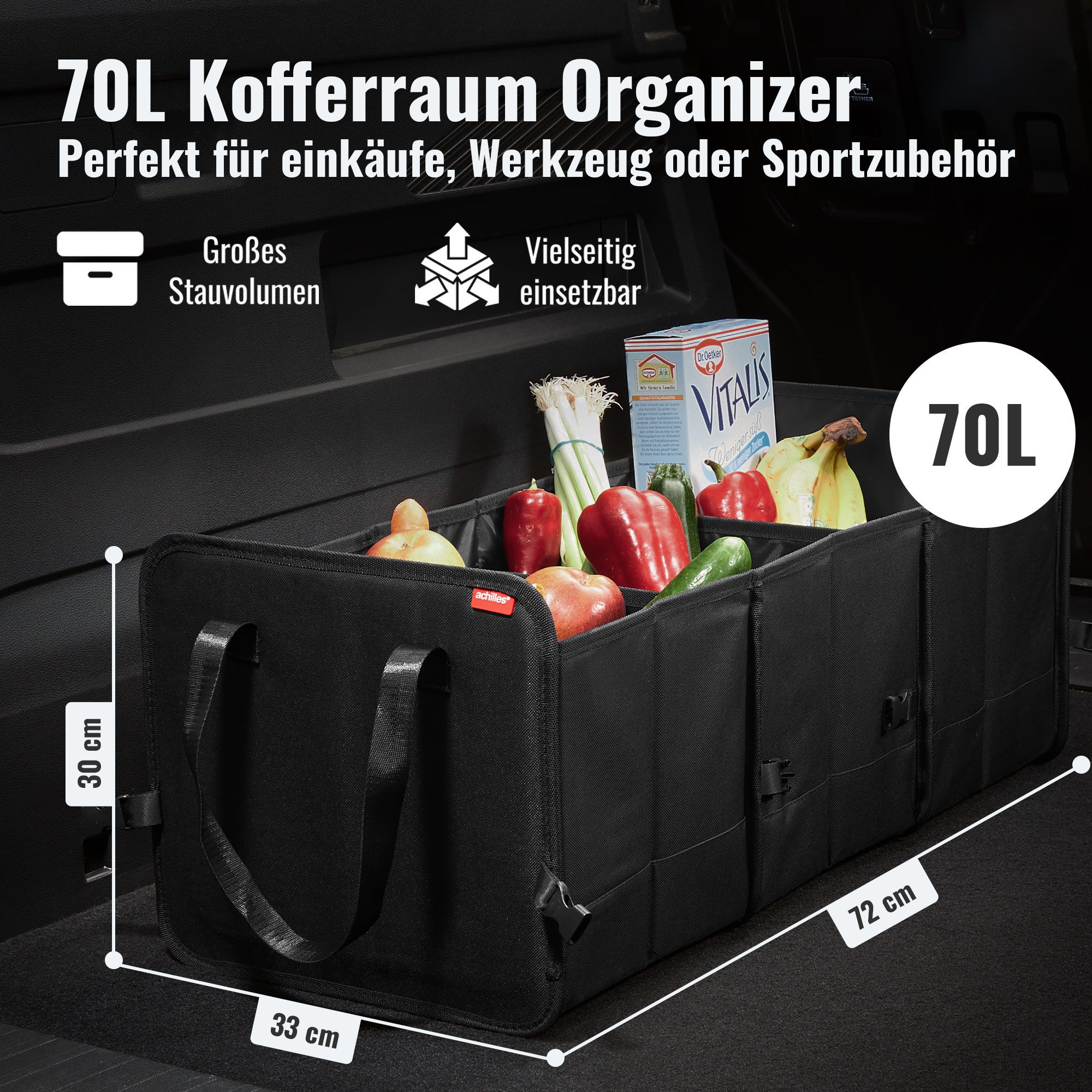 achilles Klappbox Robuste Kofferraumtasche mit Klettbefestigung, 71 l, Faltbarer Auto-Organizer mit Henkel, 74x33x29 cm