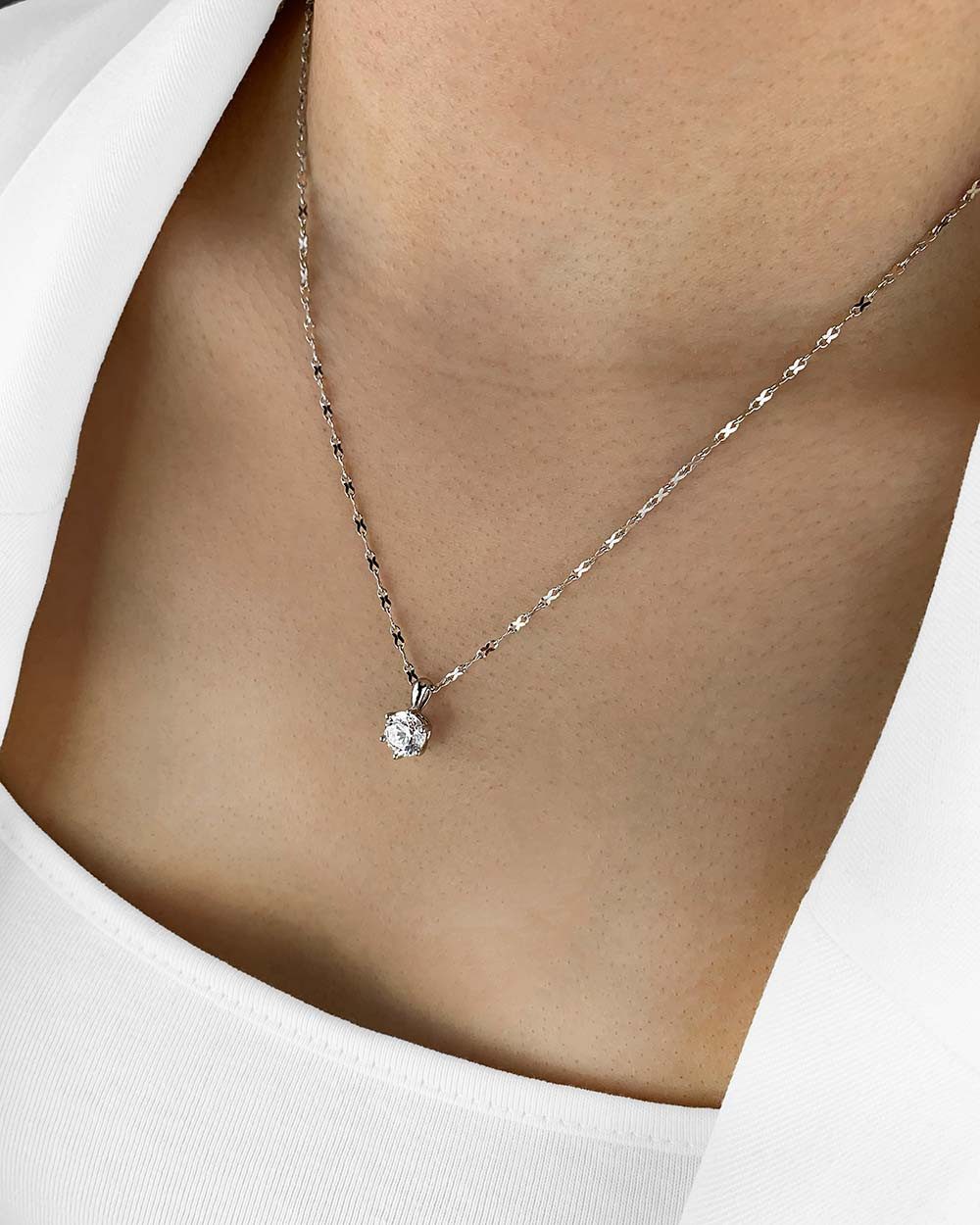 DANIEL CLIFFORD Kette mit Anhänger 'Elenia' Damen Halskette Silber 925 Solitär Anhänger weiß, Silberkette mit Kristallanhänger weiß Solitaire Design