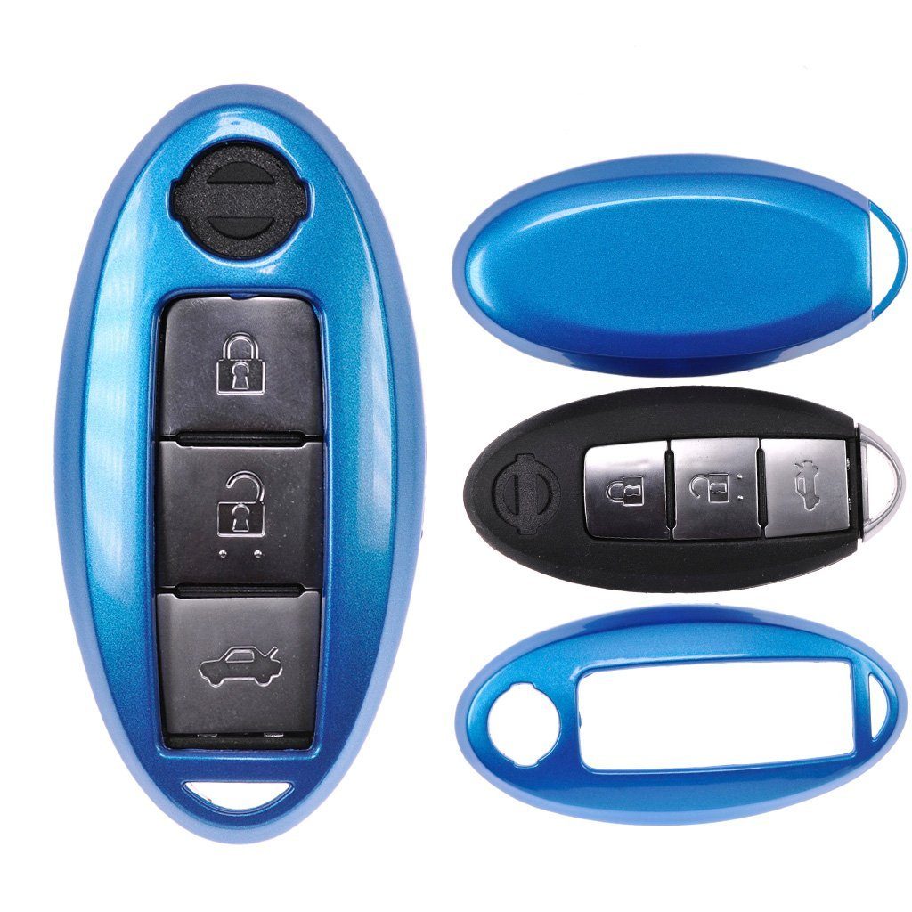 mt-key Schlüsseltasche Autoschlüssel Hardcover Schutzhülle Metallic Blue, für Nissan Qashqai Juke Micra Pulsar X-Trail Evalia Navra KEYLESS Metallic Blau