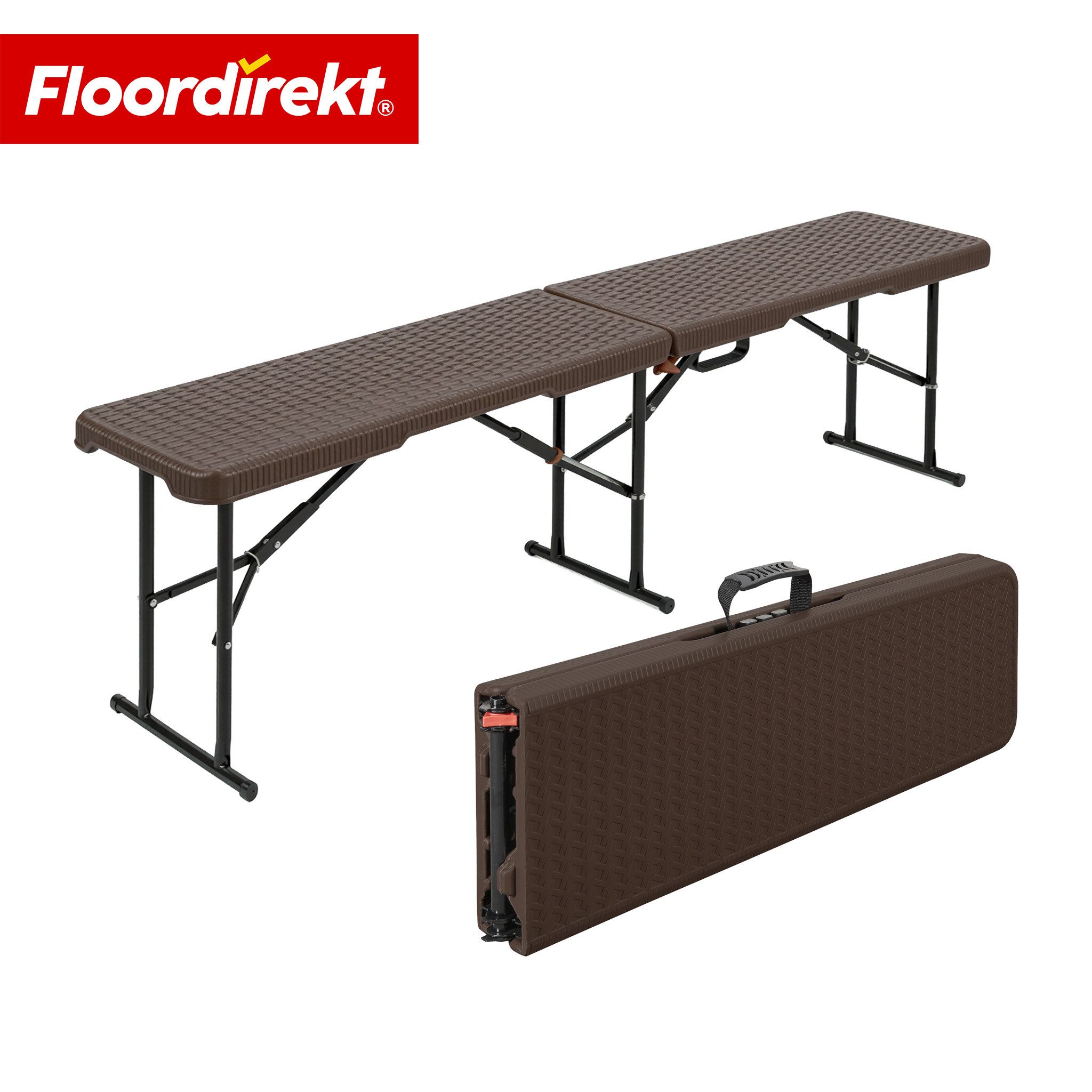 Floordirekt Gartenbank klappbare Sitzbank Kagawa wetterfest 183 cm Braun für Garten & Balkon (Wetterfester HDPE-Kunststoff in Rattan-Optik), Maximale Belastbarkeit: Bis zu 320 kg
