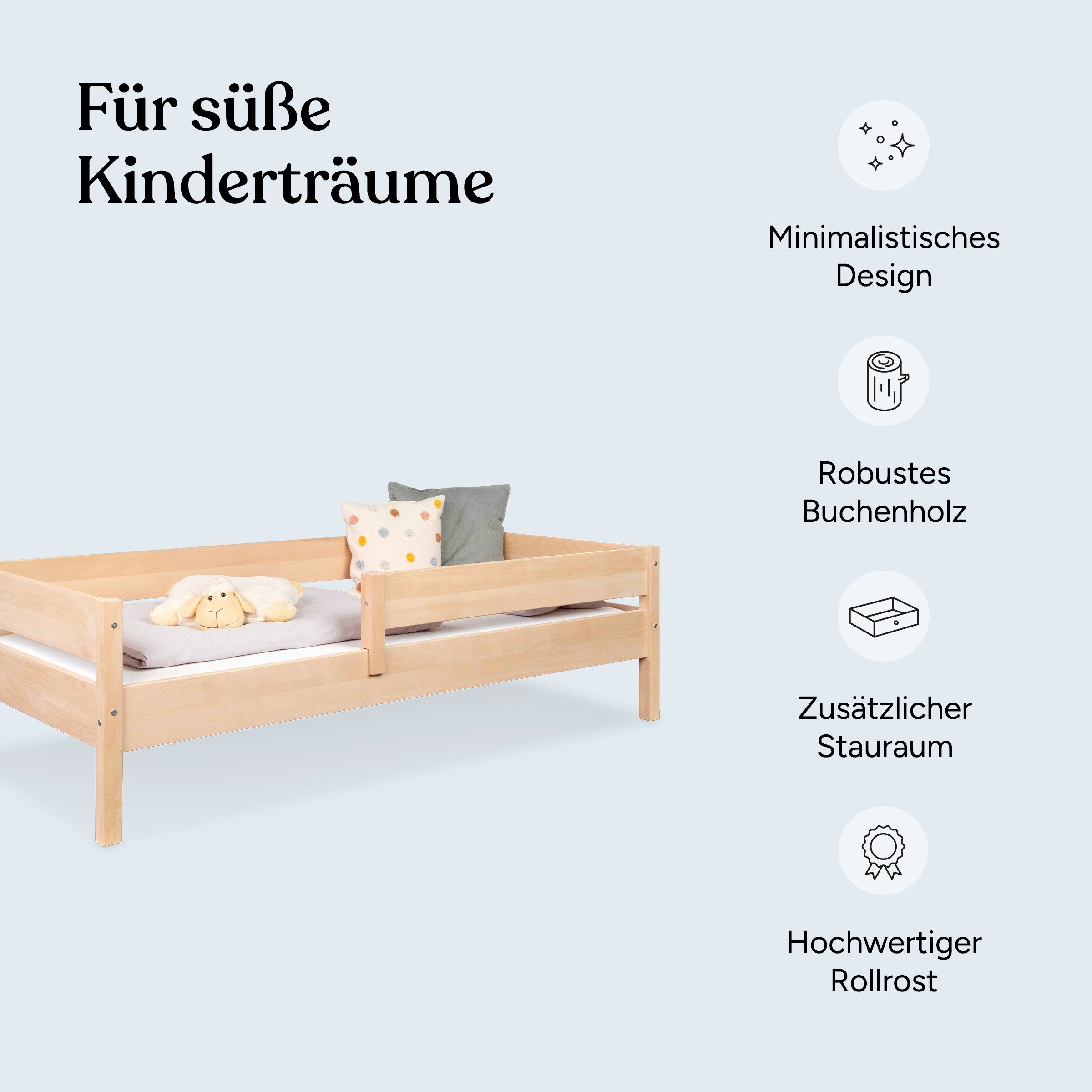 Ehrenkind Kinderbett Buche Nova, Kinderbett mit Rausfallschutz (aus massivem Buchenholz)
