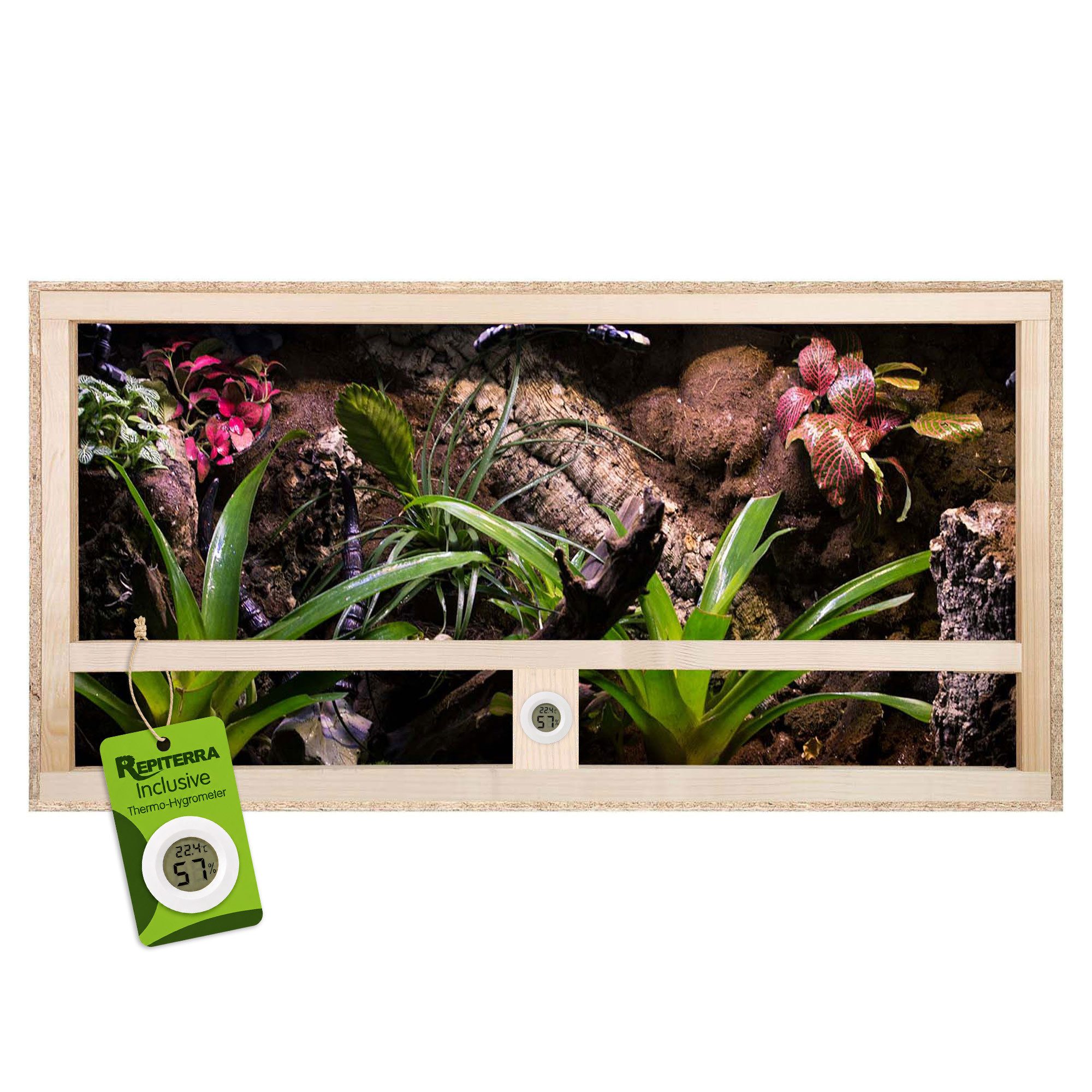 Repiterra Terrarium Holzterrarium mit Glasfront 100x50x50 cm mit Seitenbelüftung, inklusive Thermo-Hygrometer - aus unbehandeltem Holz