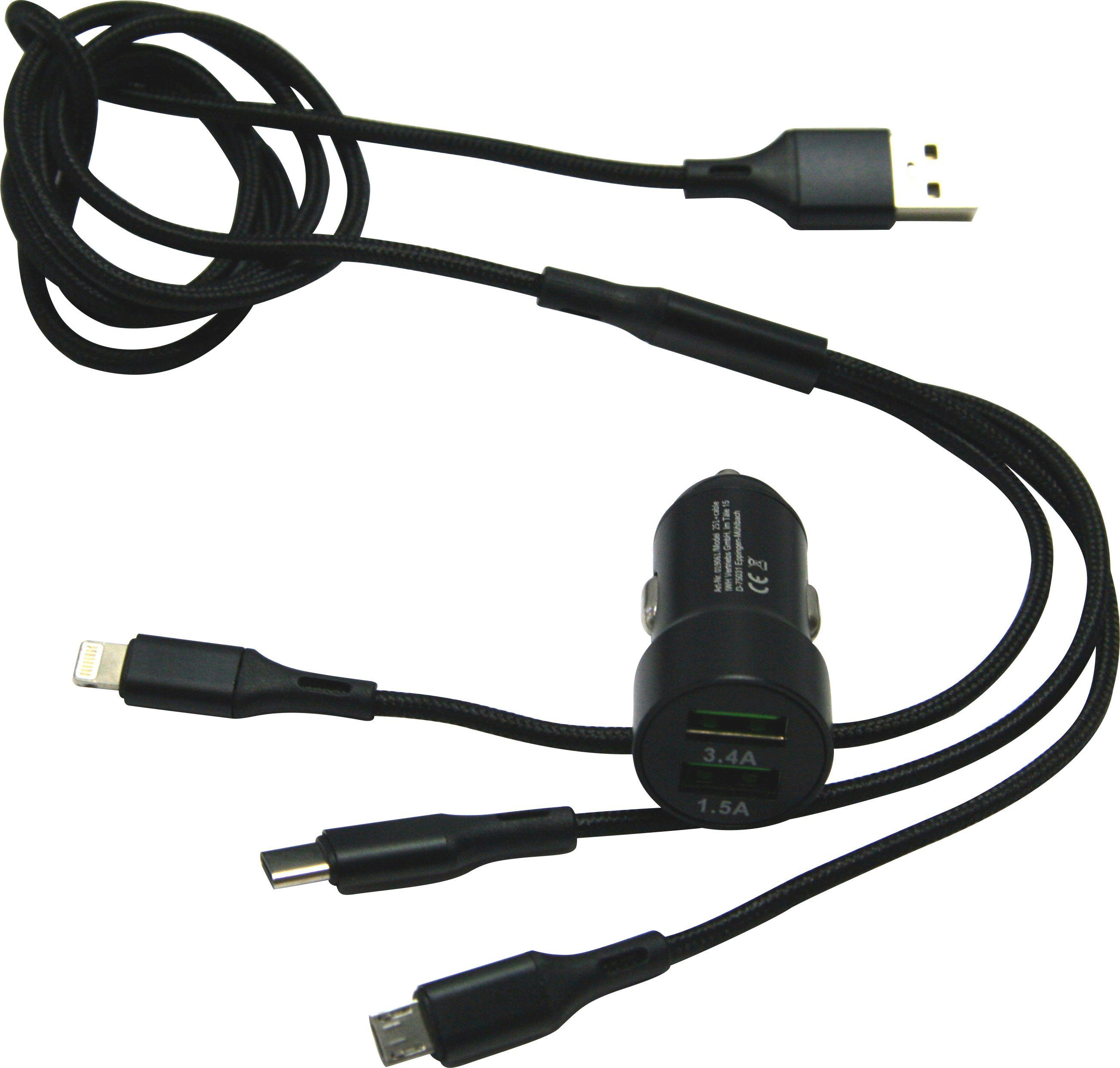 IWH Dual USB Auto Ladegerät USB-Ladegerät (inkl. 3-in-1-Ladekabel)