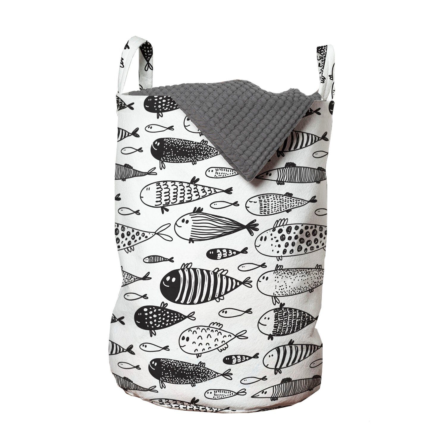 Abakuhaus Wäschesäckchen Wäschekorb mit Griffen Fische für Sktechy Nautisch Kordelzugverschluss Waschsalons, Monochrome