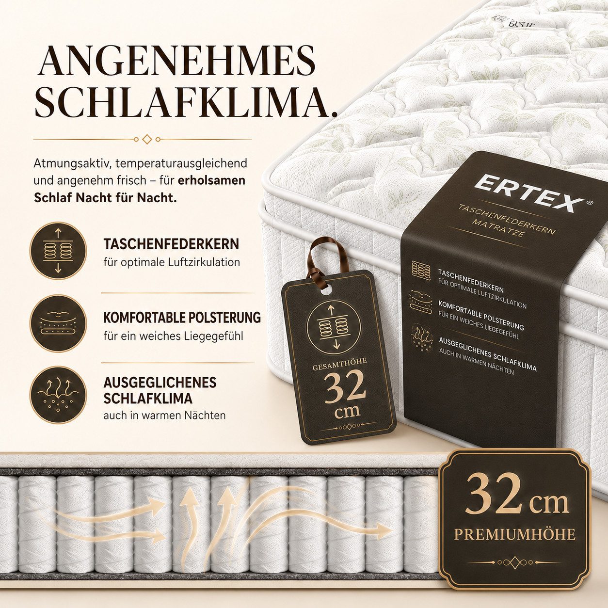 Taschenfederkernmatratze 7 Zonen Hypoallergen &Orthopädisch Matratze Premium,Ertex 32 cm hoch, Ertex, 32 cm hoch