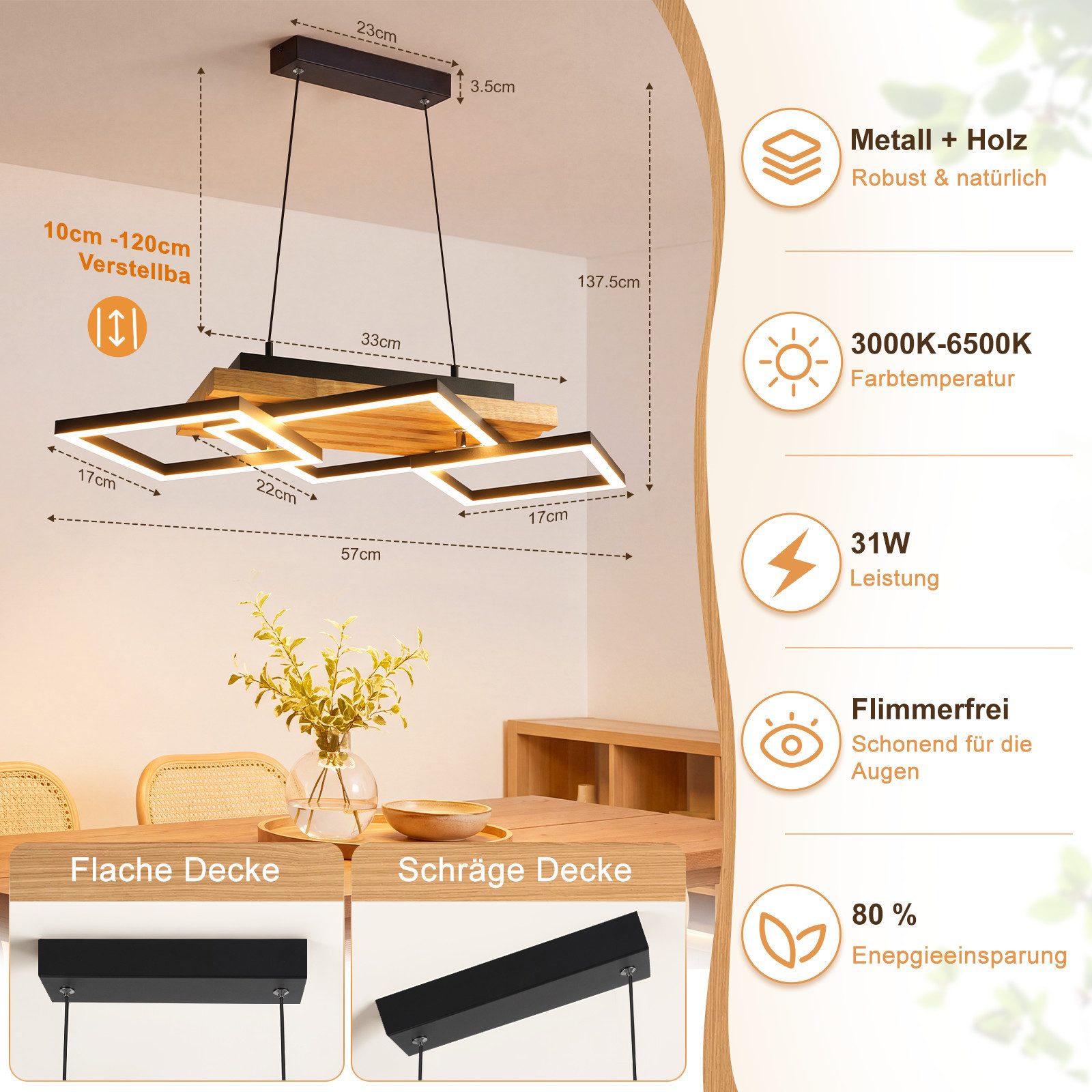 Nettlife LED Pendelleuchte Esstisch Holz moderne Hängelampe Esszimmerleuchte dimmbar, für Wohnzimmer Küche Nachttischleuchte rustikal-skandinavischer Stil – Bild 3 von 5
