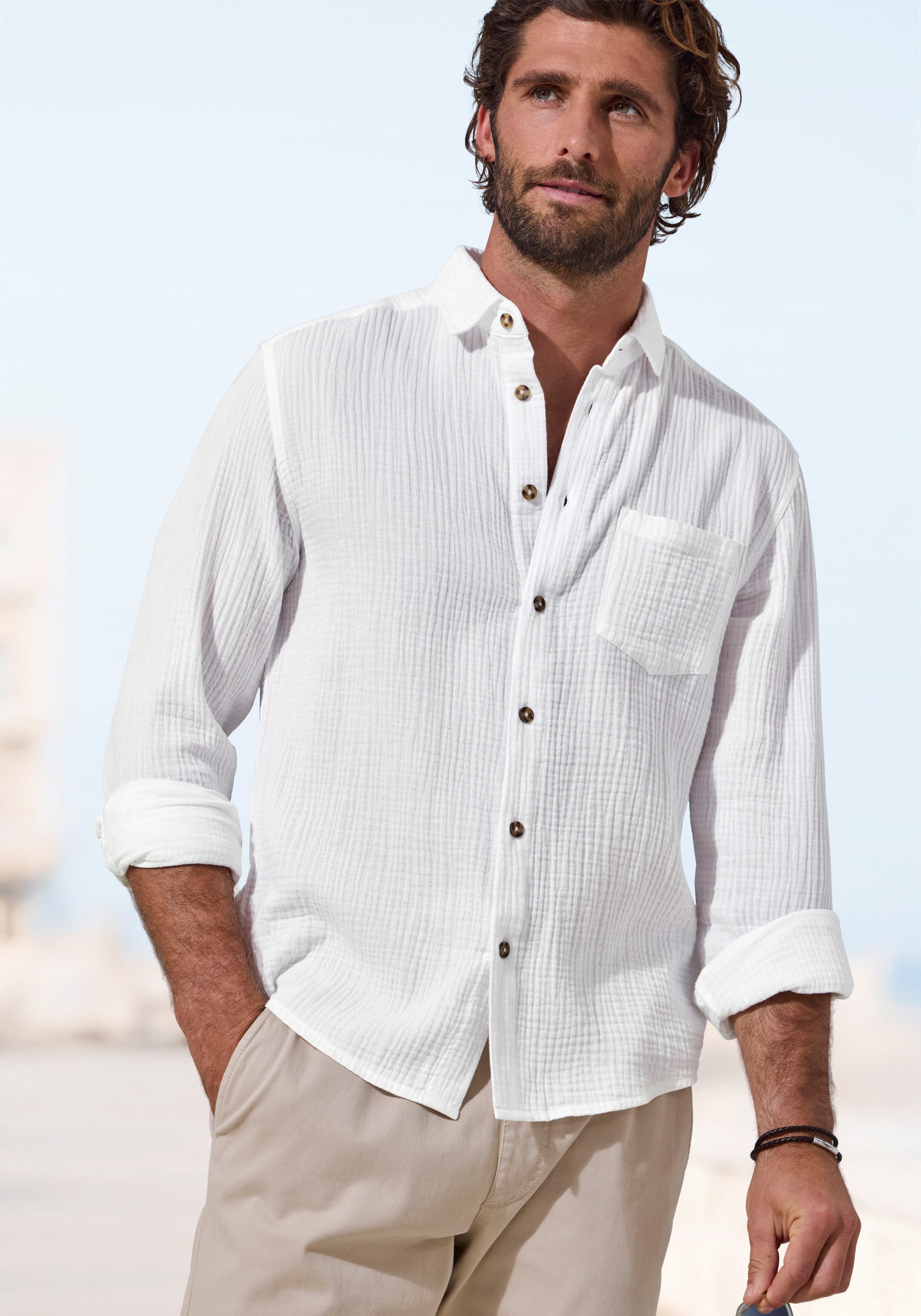 Beachtime Langarmhemd Regular fit Langarm, Freizeithemd aus Musselin-Ware
