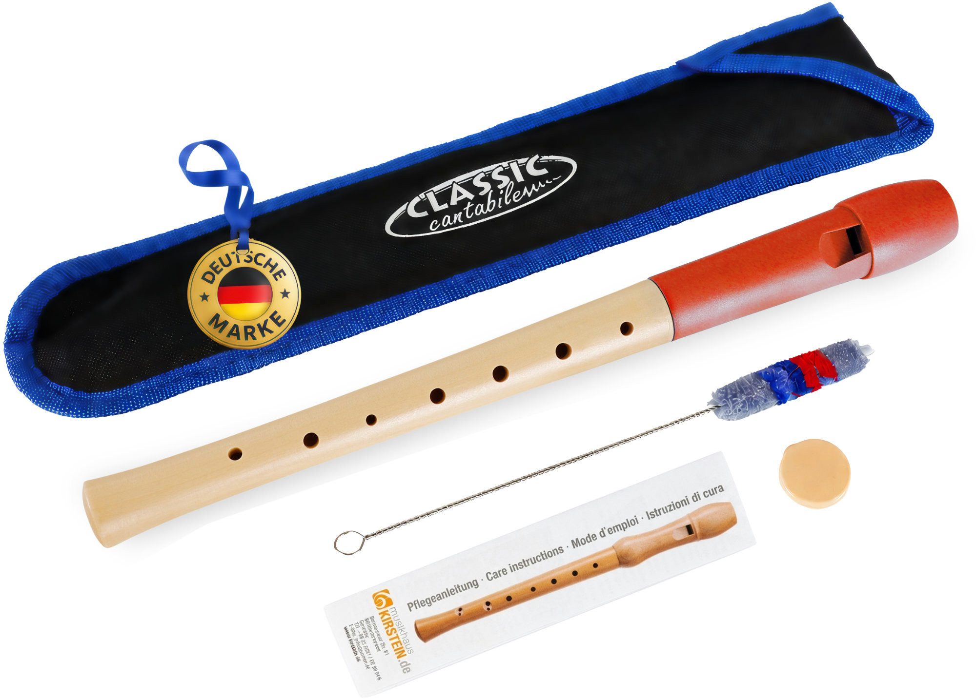 Classic Cantabile Blockflöte Pivella Flöte aus Ahornholz mit Kopf aus Kunststoff C-Sopran deutsch, Pivella Set, Inklusive Grifftabelle, Etui, Korkfett & Wischerstab, 2-teilige Konstruktion