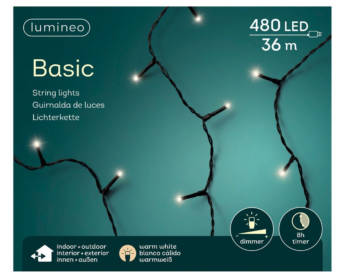 Lumineo LED-Lichterkette Lichterkette Basic 480 LED's 36 m warm weiß,  schwarzes Kabel, Indoor & Outdoor, dimmbar, 8h-Timer, Weihnachten