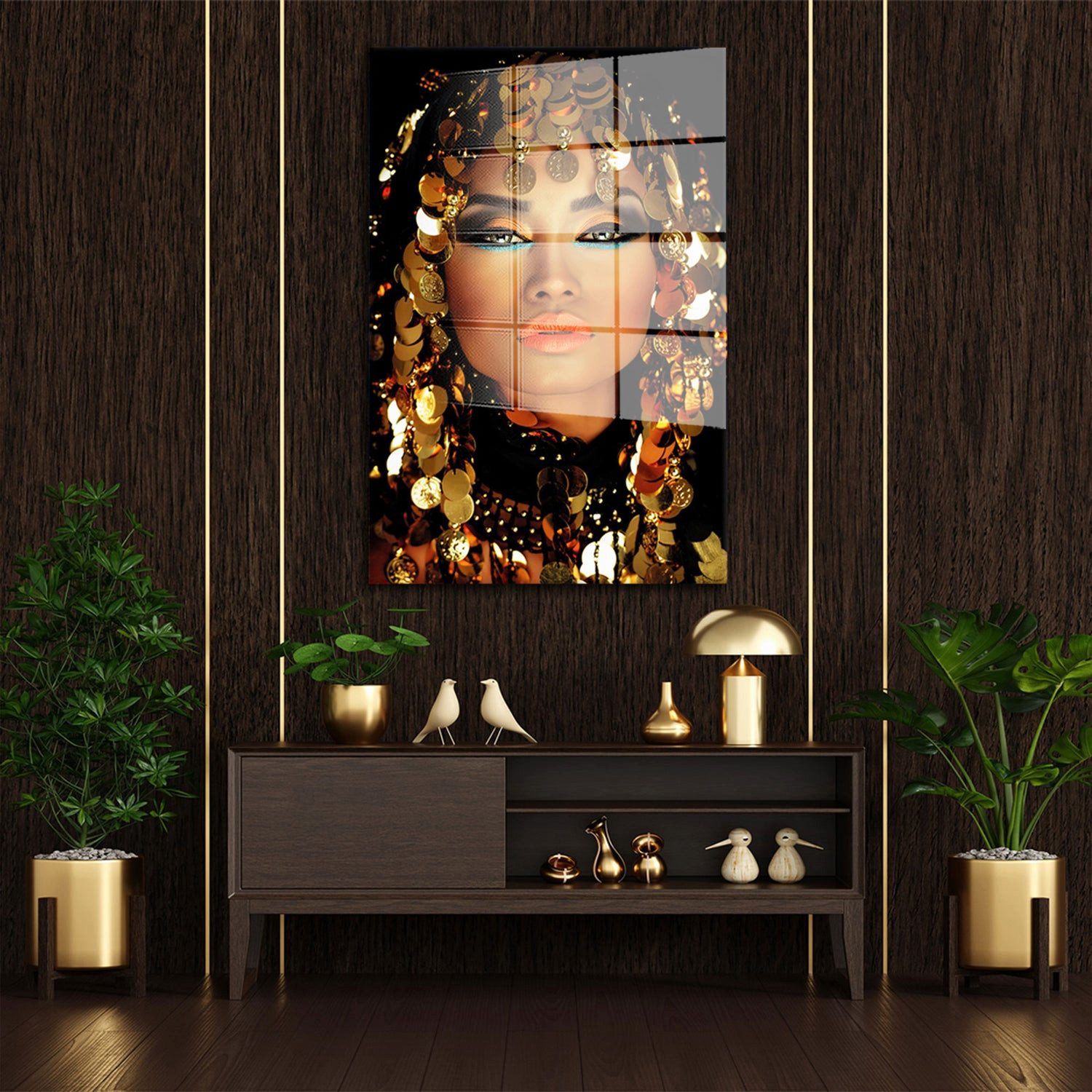 Artedinoi Acrylglasbild Kleopatra Acrylglasbild Wandbild Königin Modern Gold Portrait XXL, Königliches Frauenportrait im Stil einer antiken Herrscherin des Orients.