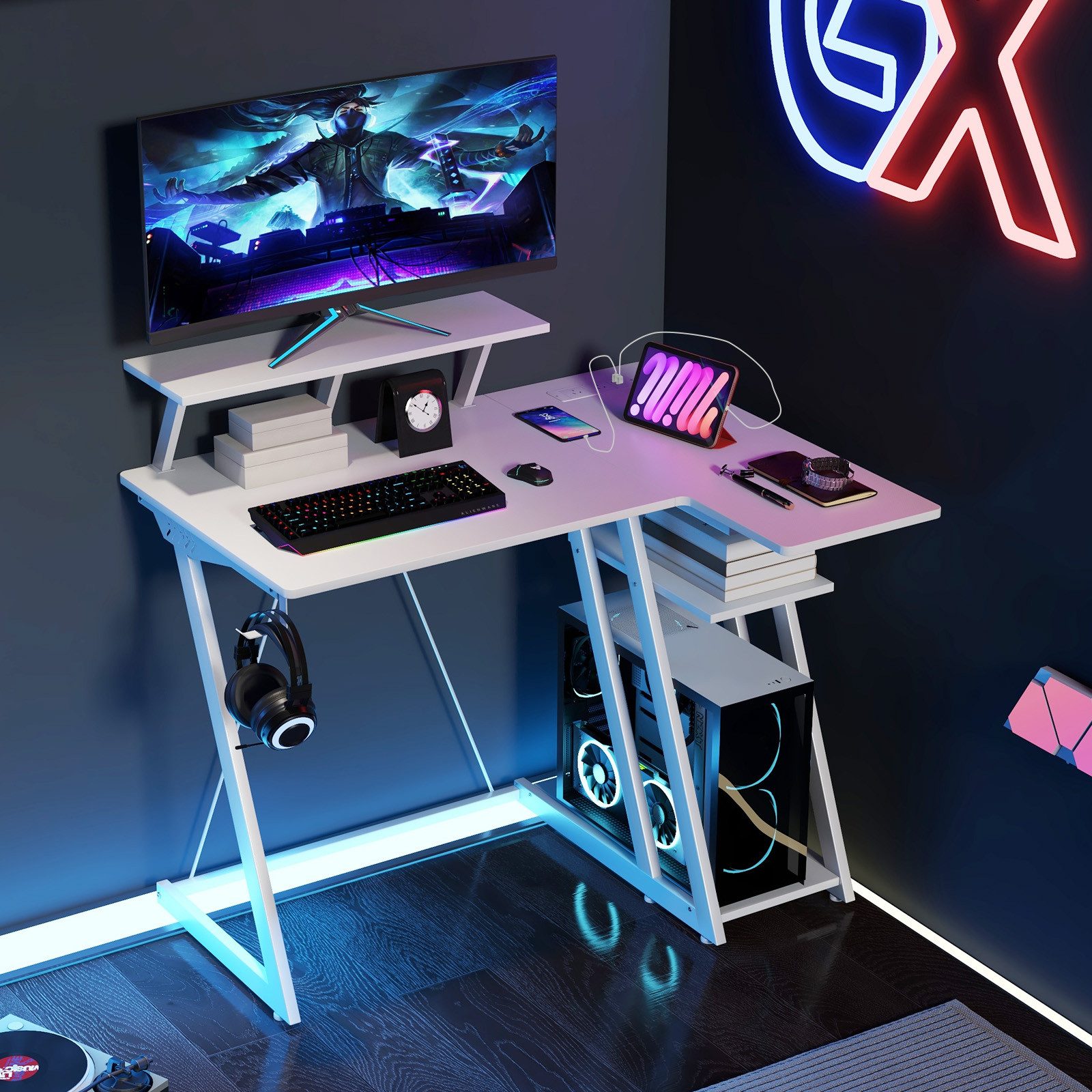 KOMFOTTEU Computertisch, mit Steckdosen & USB-Anschlüssen, 107 x 45 x 93 cm
