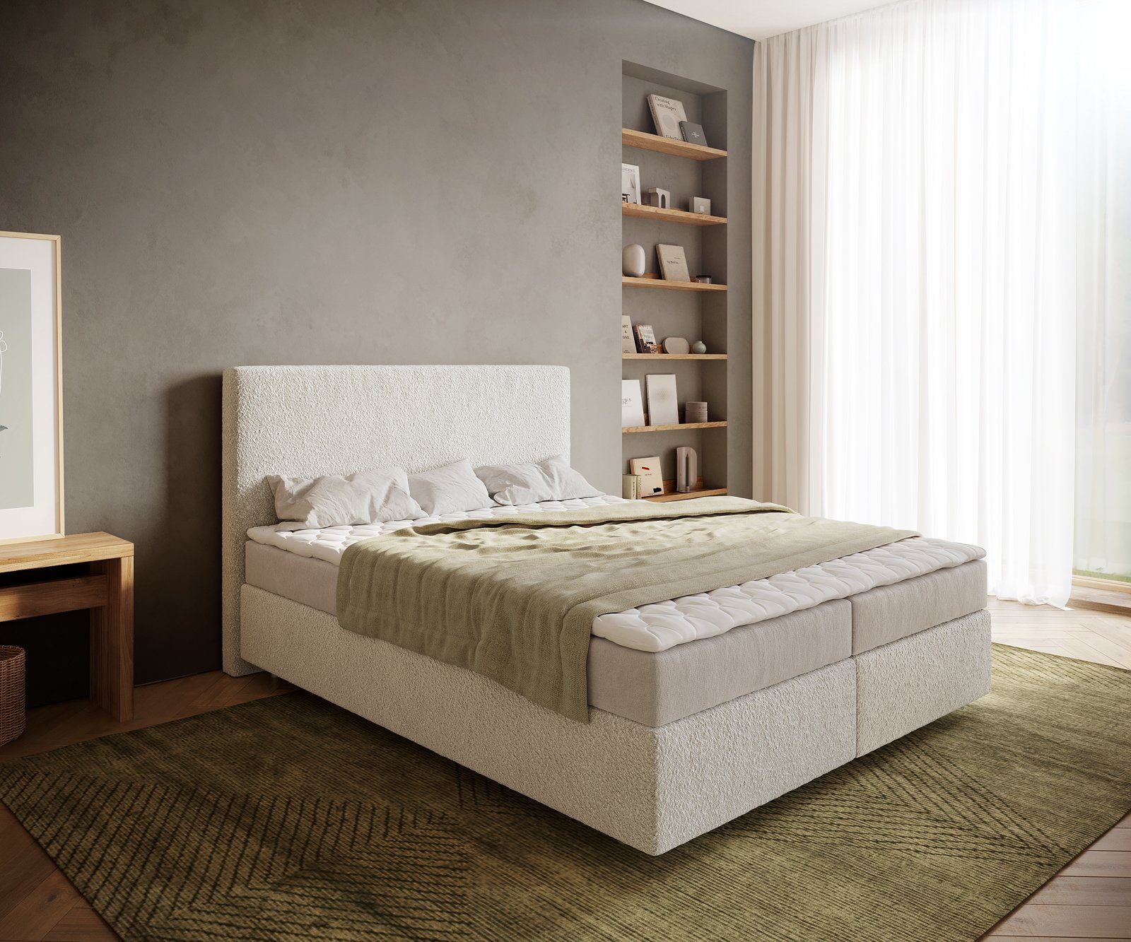 DELIFE Boxspringbett Dream-Well, Bouclé Creme-Weiß 160x200 cm mit Matratze und Topper