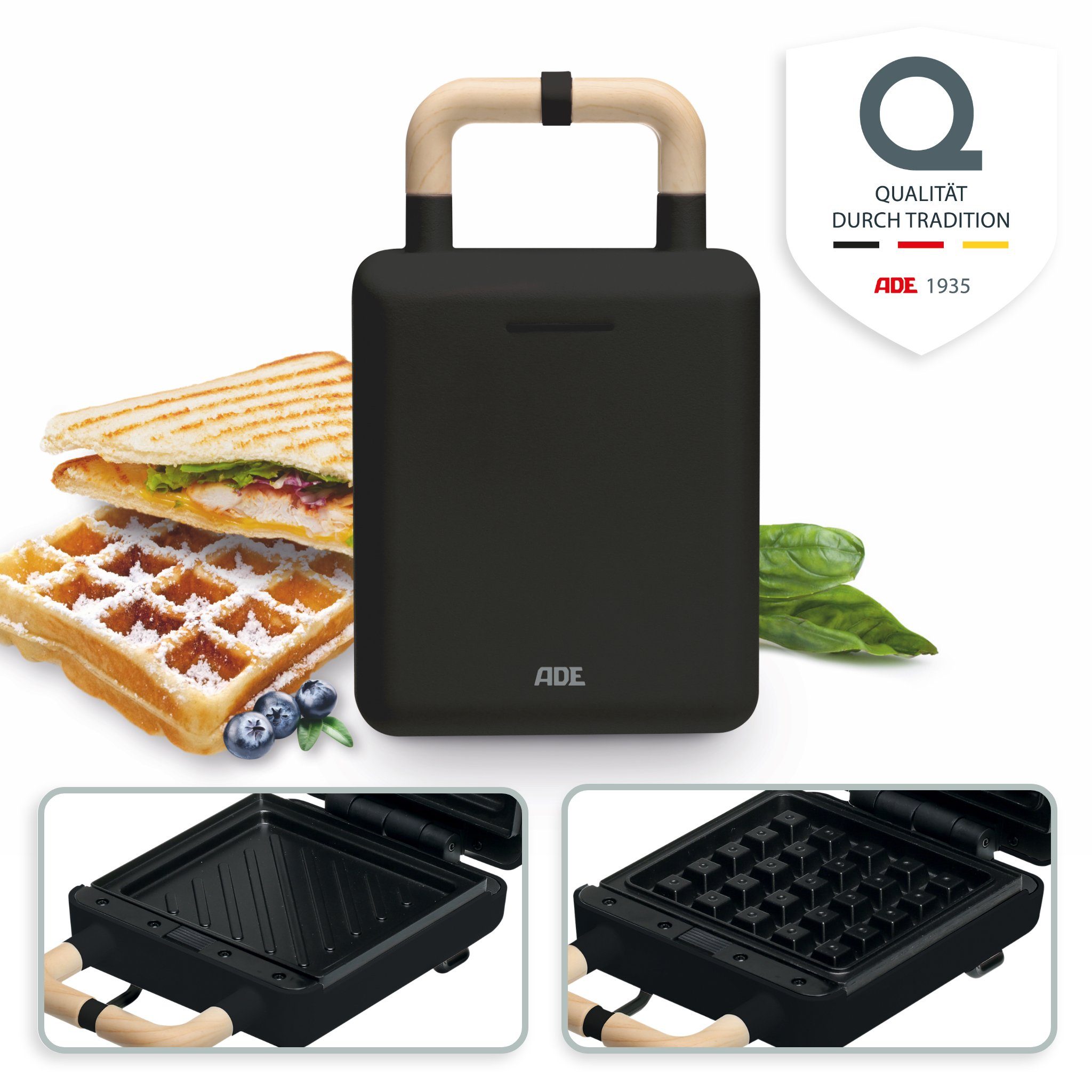 ADE 2-in-1-Kombi-Waffeleisen KG2138, 600 W, Wechselplatten für Belgische Waffeln, XL-Sandwiches, gebratene Eier