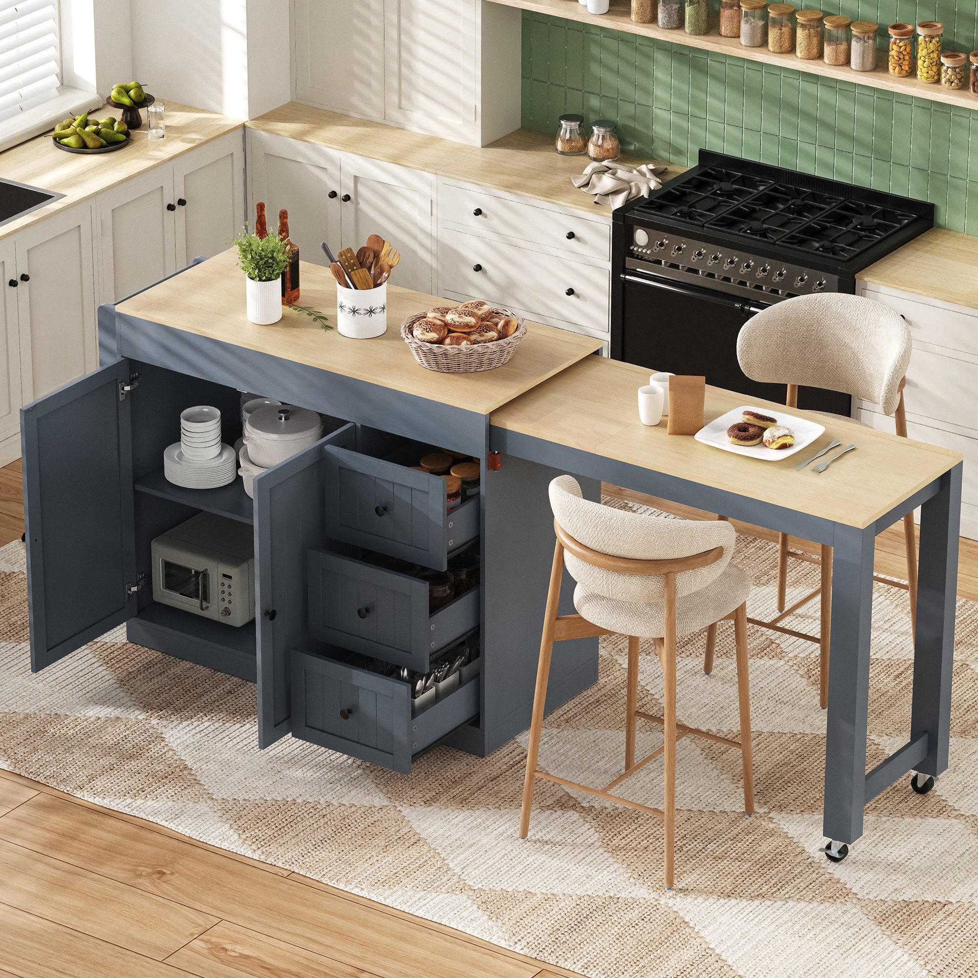 HAUSS SPOLE Kücheninsel mit Schubladen,Servierwagen Küchenschrank mit Gewürzregal&Rollen,Grau, (Wohnzimmerschrank mit ausziehbarer Arbeitsplatte), mit verstellbaren Einlegeböden und zwei arretierbaren Lenkrollen