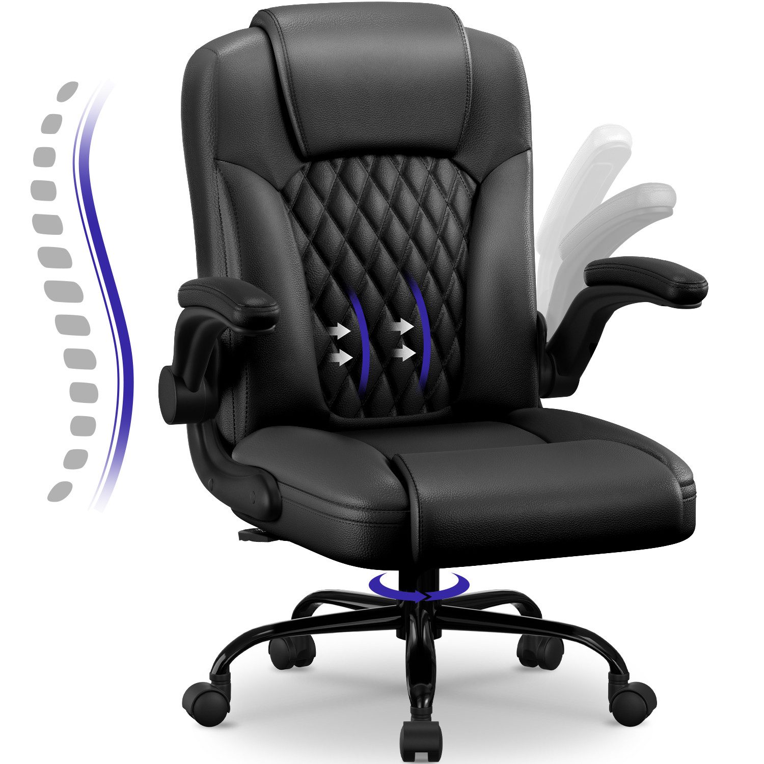 Fukstern Bürostuhl Ergonomischer Bürostuhl mit 90° klappbaren Armlehnen (Atmungsaktiver Mesh-Bezug, Rücken- und Taillenstütze, Neigung fixierbar bei 90° (maximal kippbar bis 120), bis 150 kg belastbar