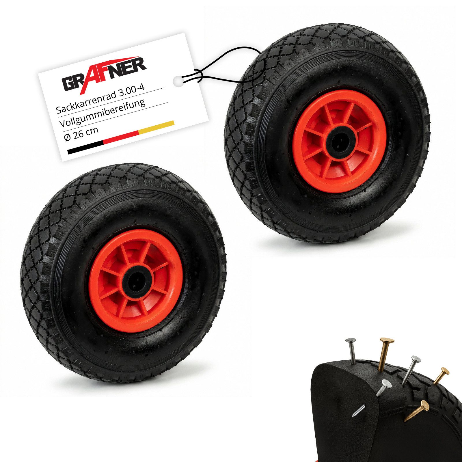 Grafner Ersatzrad Grafner® 2x Sackkarrenrad Bollerwagenrad 3.00-4 PU Vollgummibereifung, Gesamt Duchmesser: 26 cm, Reifenbreite: 8 cm, Nabenlänge: 7 cm