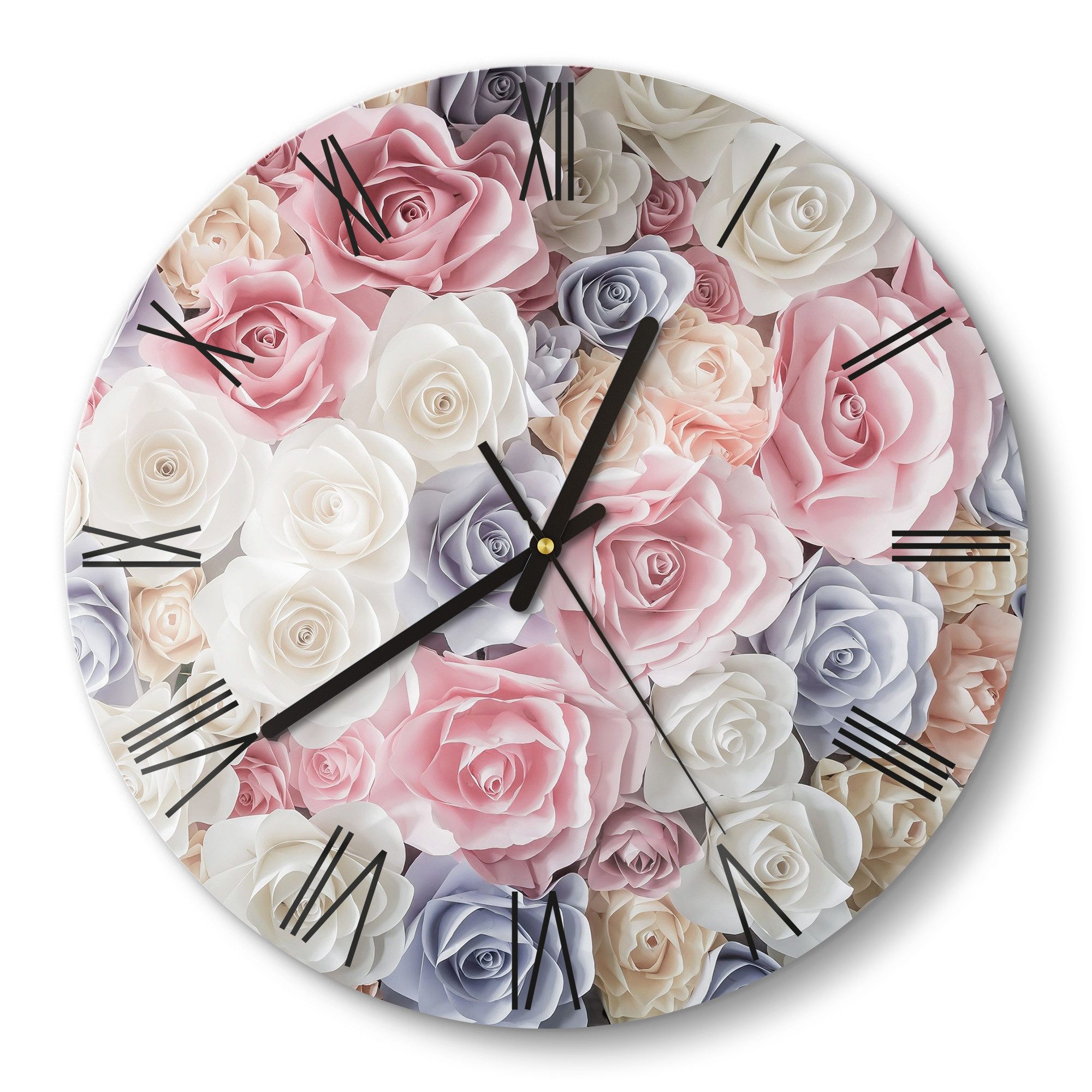 DEQORI Wanduhr 'Sanfte Pastell Rosen' (Glas Glasuhr modern Wand Uhr Design Küchenuhr)