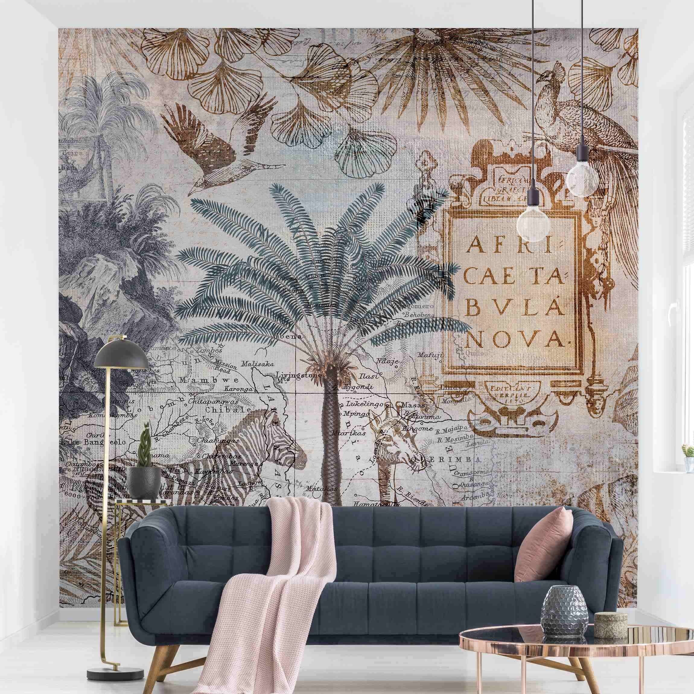 Bilderdepot24 Fototapete Weltkarte Vintage Landkarte Afrika Tiere Palme Tropisch Giraffe, Glatt, Matt, (Vliestapete inkl. Kleister oder selbstklebend), Wohnzimmer Schlafzimmer Küche Flur Motivtapete Vliestapete Wandtapete