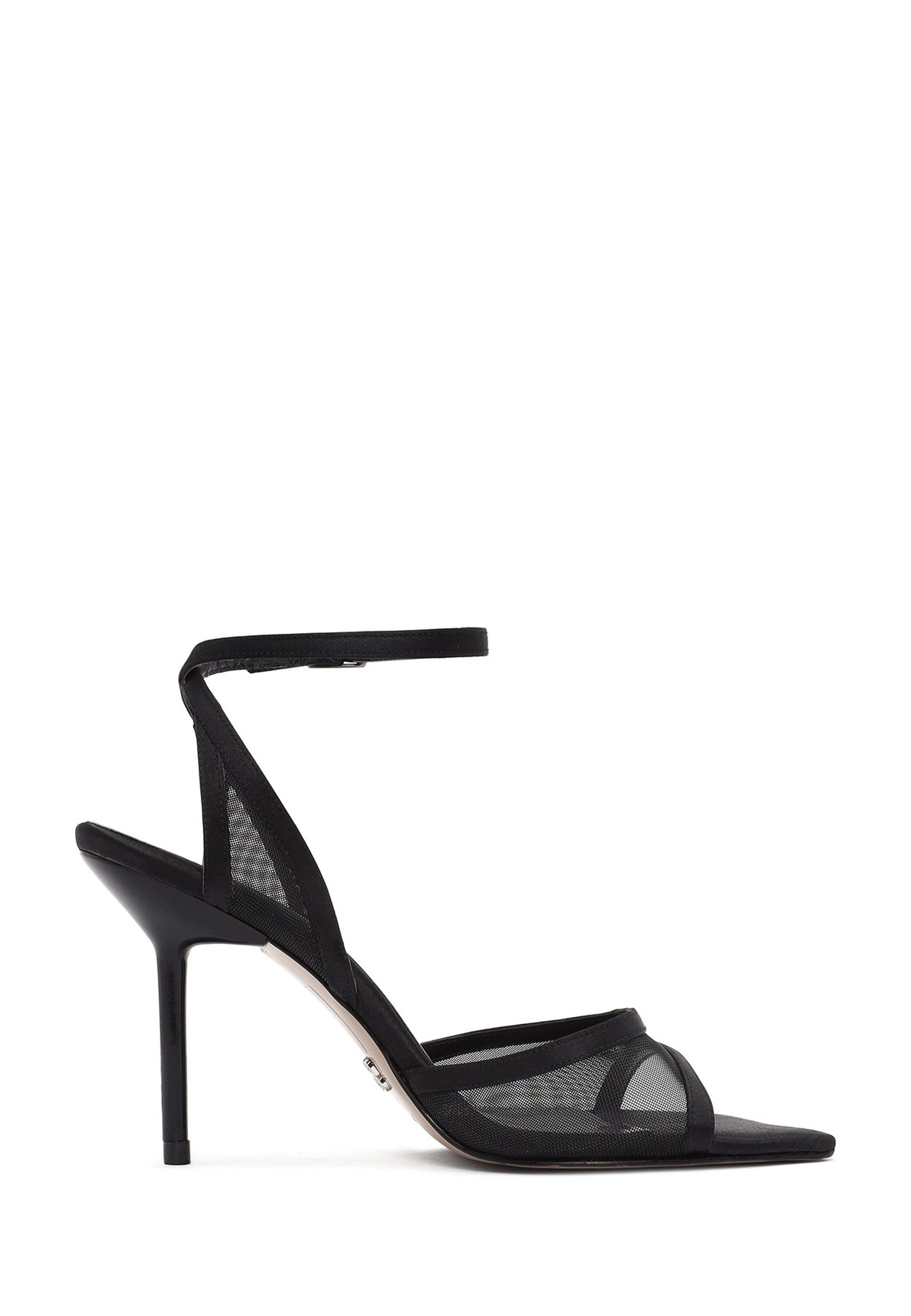 Derimod Sandaletten mit hohem Absatz mit Mesh-Detail Sandale Kunstleder, Knöchelriemen, Stiletto-Absatz, TPU-Sohle, Karree-Spitze