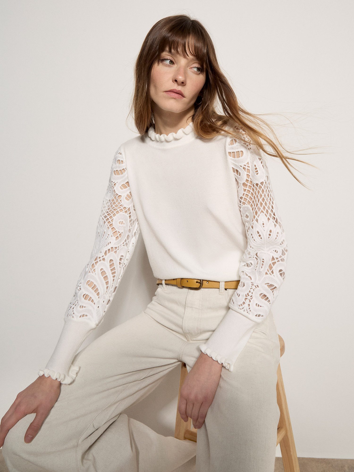 Apricot Rundhalspullover Mesh-Pullover aus Spitze