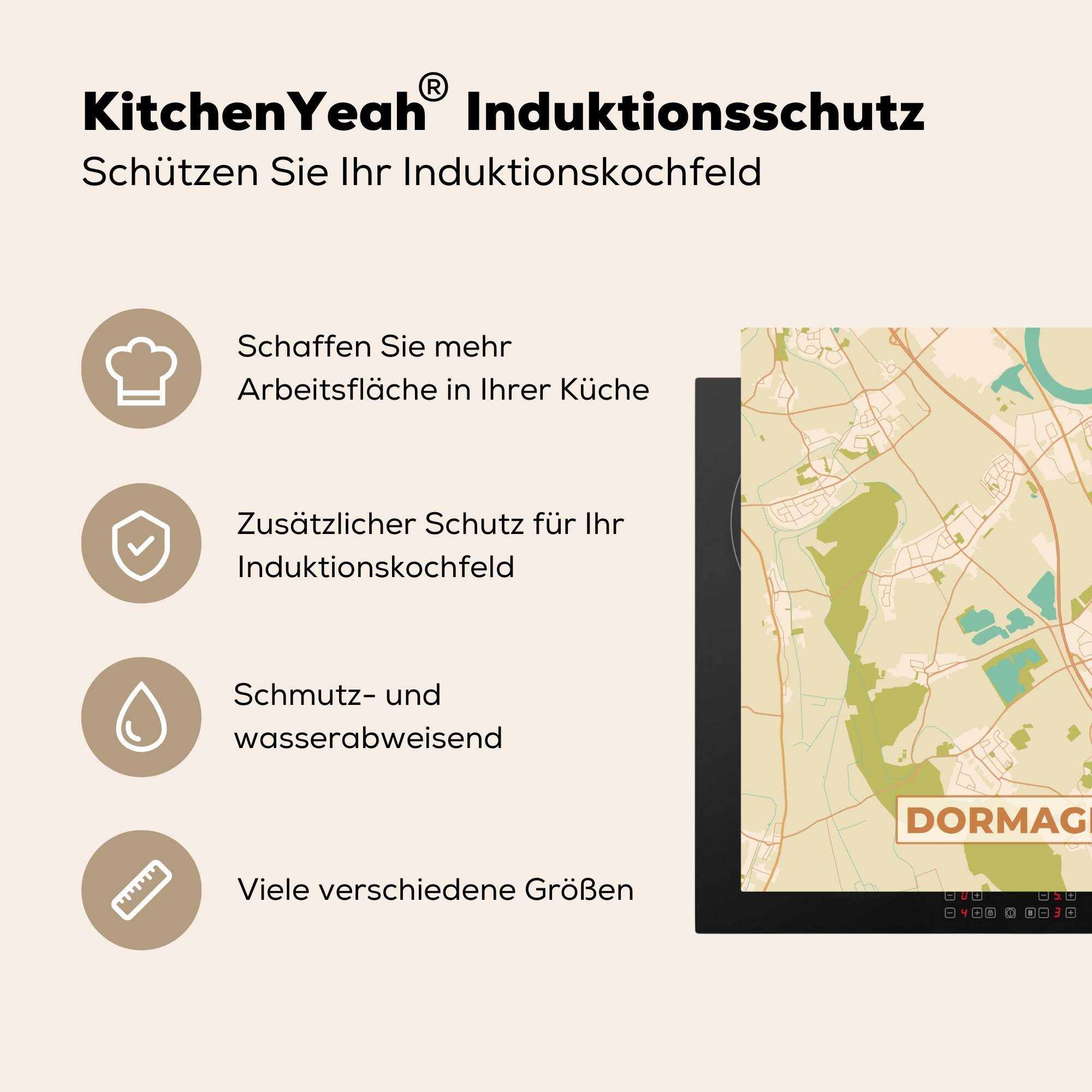 (1 Karte Dormagen cm, - Vinyl, Arbeitsplatte küche Ceranfeldabdeckung, für Herdblende-/Abdeckplatte MuchoWow - 78x78 tlg), Stadtplan, Vintage -