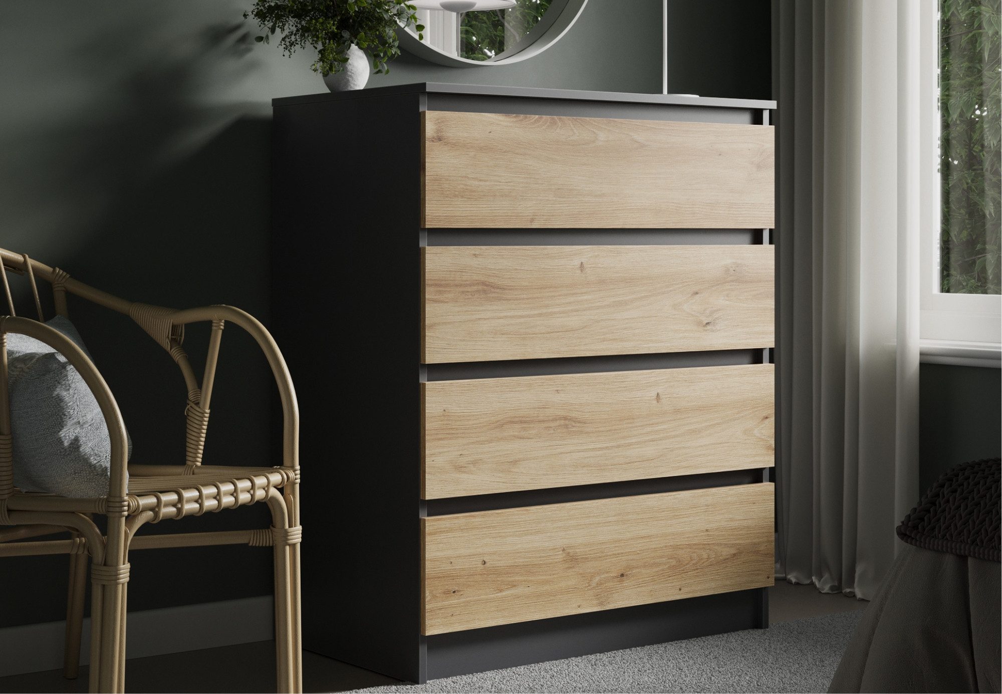 Home Collective Kommode mit 4 Schubladen Kommode schmal Holz Schrank (Highboard Anrichte Schlafzimmer Wohnzimmer Flur Büro Organizer), Kommode 80 cm breit Schrank mit Schubladen Anthrazit - Artisan Eiche