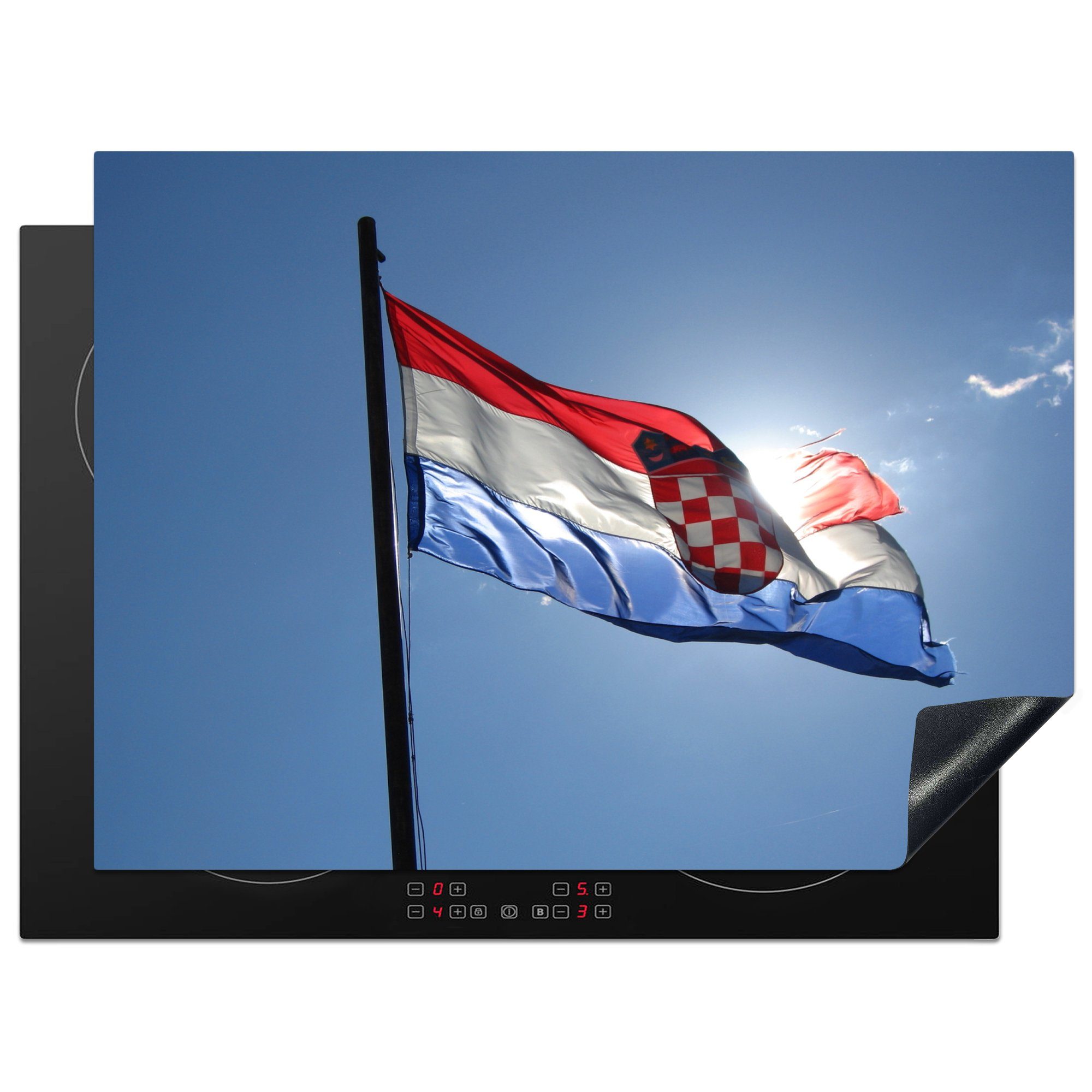 MuchoWow Herdblende-/Abdeckplatte Sonnenstrahlen entlang der kroatischen Flagge, Vinyl, (1 tlg), 71x52 cm, Induktionskochfeld Schutz für die küche, Ceranfeldabdeckung