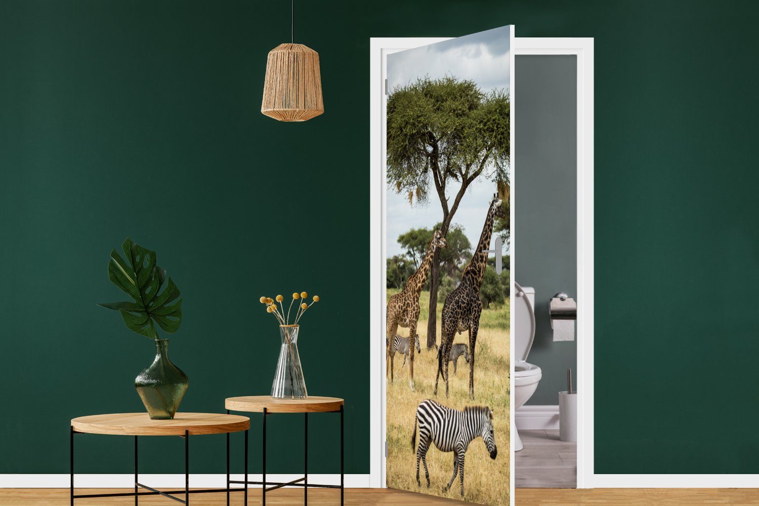 MuchoWow Türtapete Giraffen und der in Savanne Zebras St), Tür, bedruckt, gemeinsam (1 75x205 des, cm für Matt, Türaufkleber, Fototapete