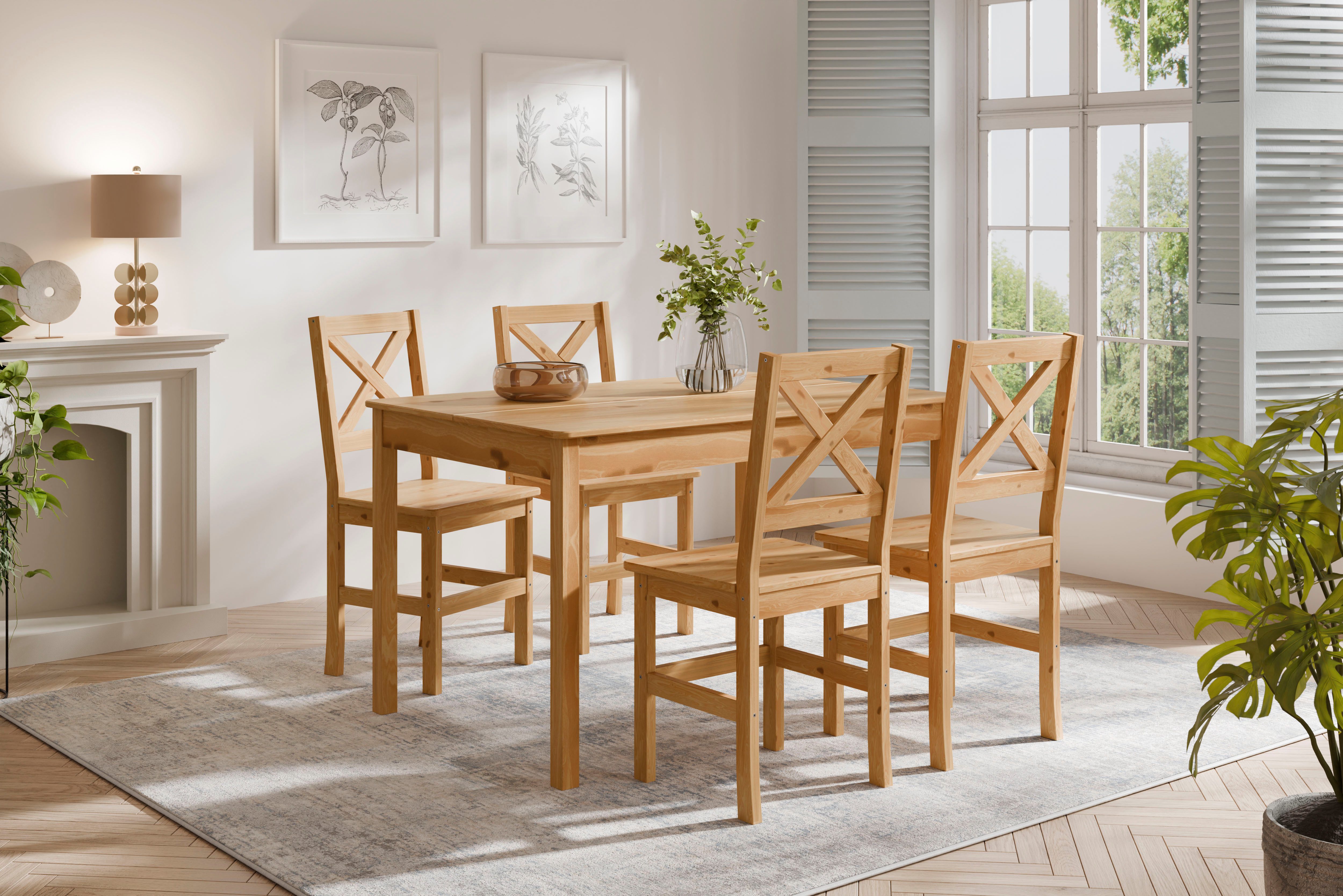 Home affaire Essgruppe Malmö, (Set, 5-tlg), bestehend aus Tisch und Stühlen in Kiefer Massivholz naturfarbig