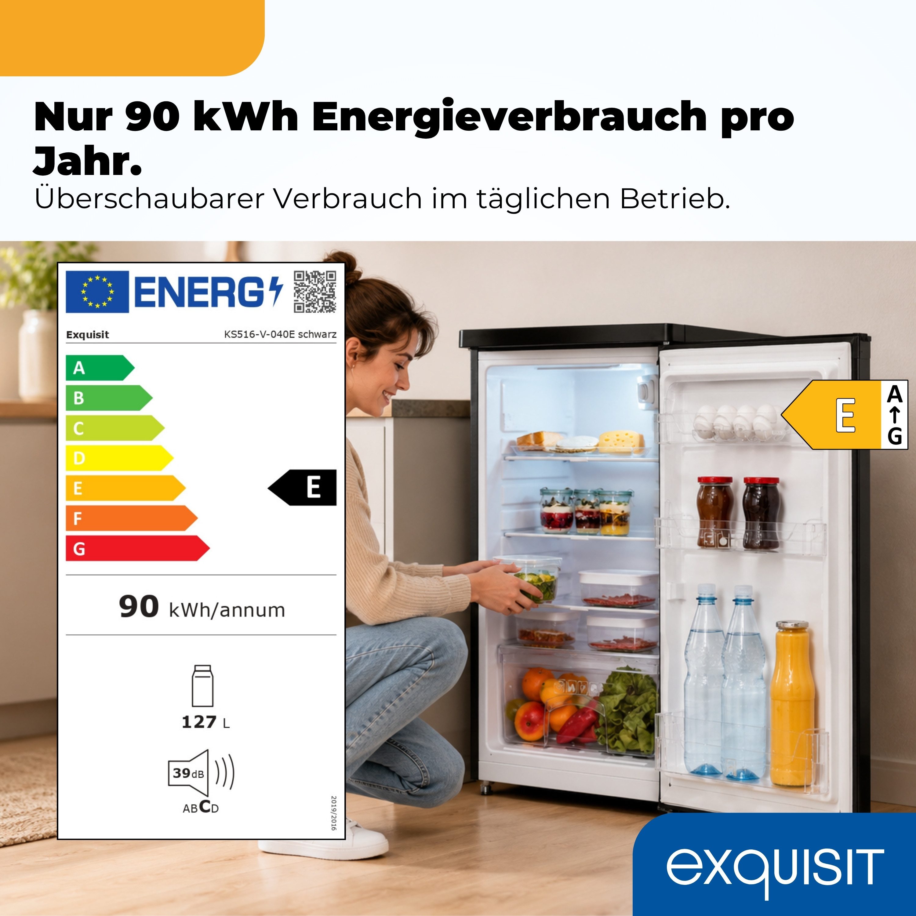 exquisit Vollraumkühlschrank KS516-V-040E, 85.5 cm hoch, 55 cm breit, 127 l Nutzinhalt, LED Beleuchtung, Energieklasse E, 39 dB
