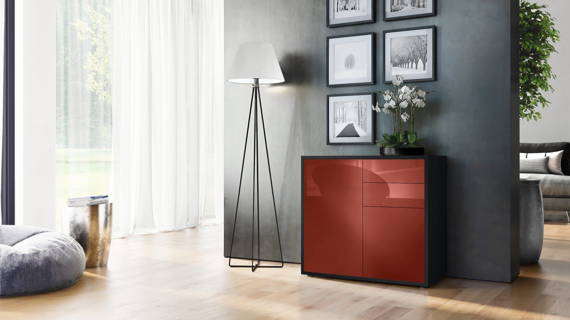 Vladon Kommode Ben V1 (Kommode, mit 2 Türen und 2 Schubladen), Schwarz matt/Bordeaux Hochglanz (79 x 74 x 36 cm)