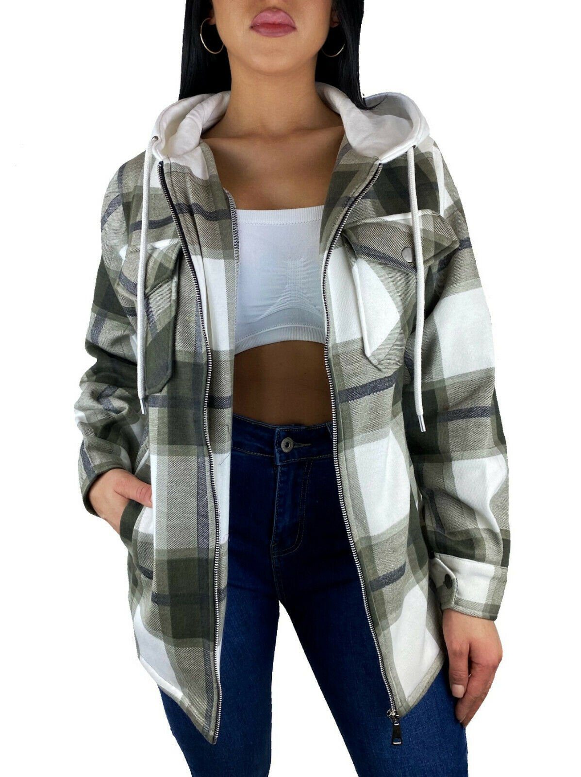 Worldclassca Flanellhemd Worldclassca DAMEN HEMDJACKE KARIERT MIT KAPUZE HOLZFÄLLERHEMD (1-tlg) OVERSIZED HOODIE KAROHEMD BLOGGER XS-XL