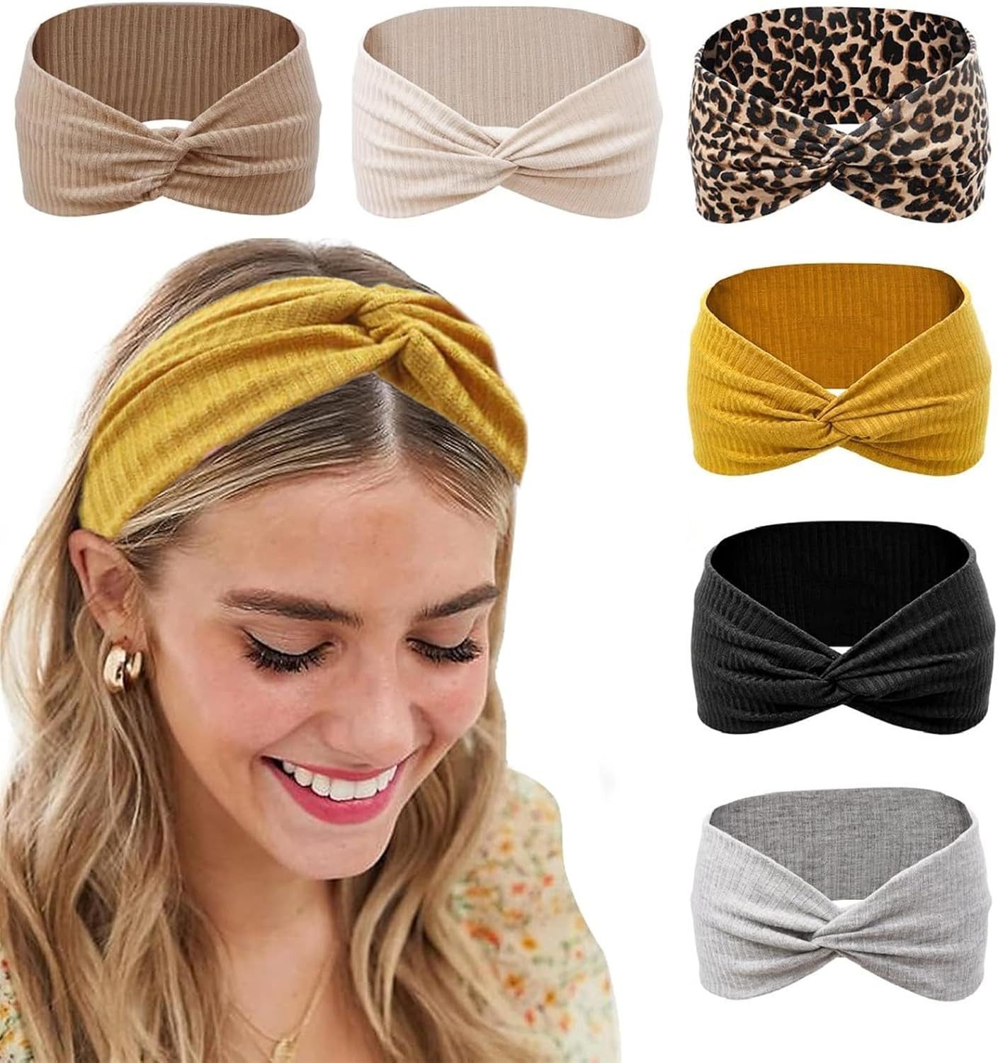 Zaewry Haargummi 6 Stück Boho Stirnbänder, Rutschfest Stirnband,Damen Haargummi, 6-tlg., für kurzes Haar, Yoga, Workout, Laufen, Sport