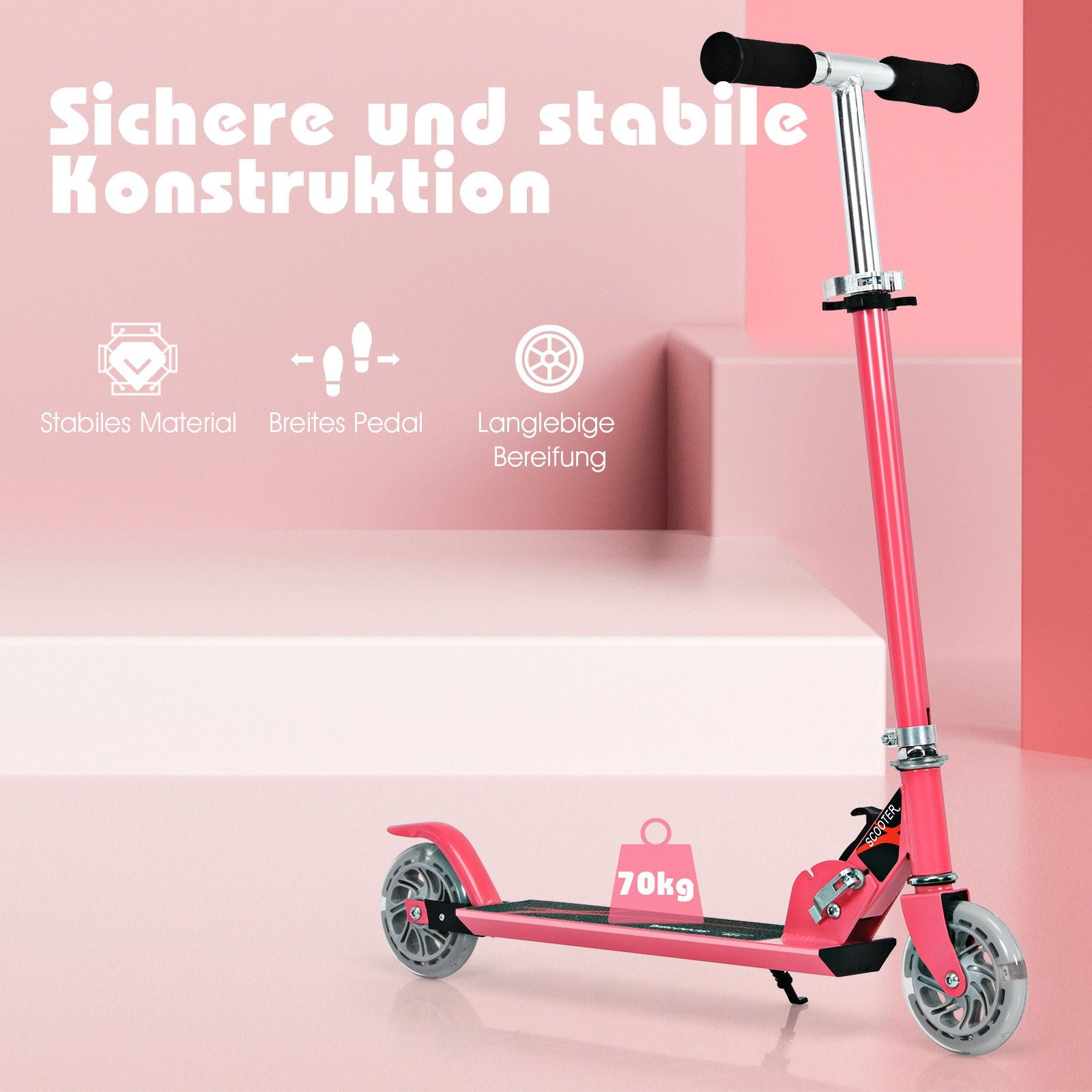 klappbar, höhenverstellbar, mit Räder 2 COSTWAY Scooter rosa Cityroller, LED