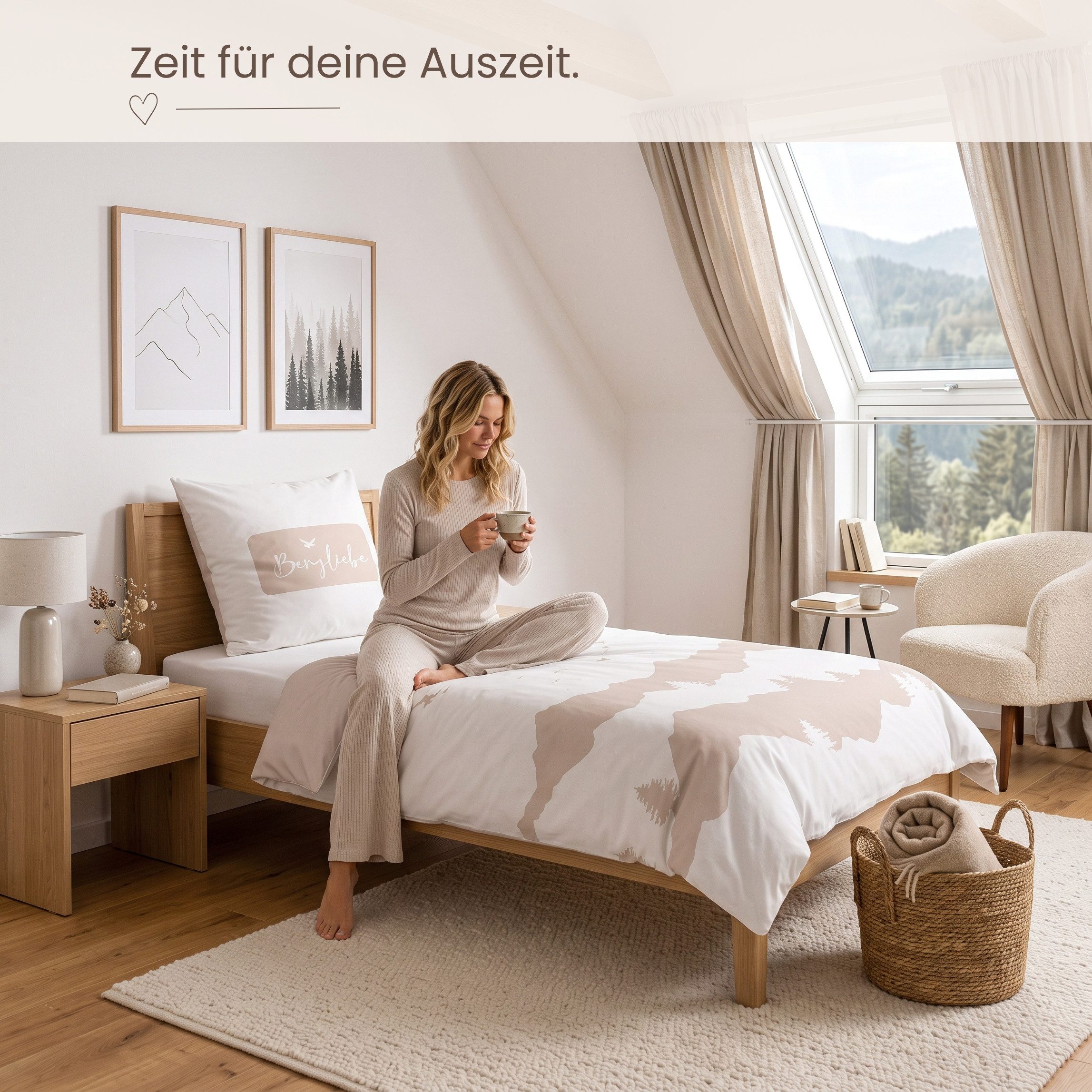 MTOnlinehandel Bettwäsche Bergliebe 135x200 cm Renforcé, Berge, Naturmotiv, 100% Baumwolle, 2 teilig, Stilvolles Bergpanorama in sanften Naturtönen